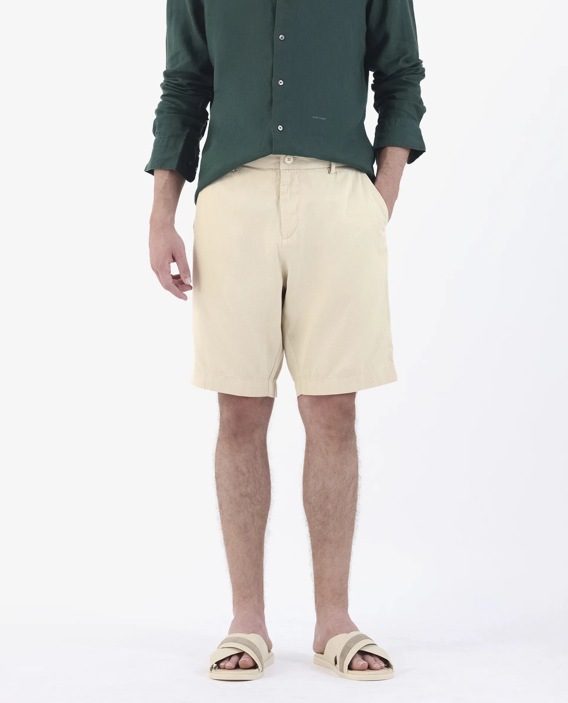 Rare Rabbit Men's Edam Beige Linen Blend Plain Relaxed Fit Shorts - Image 2