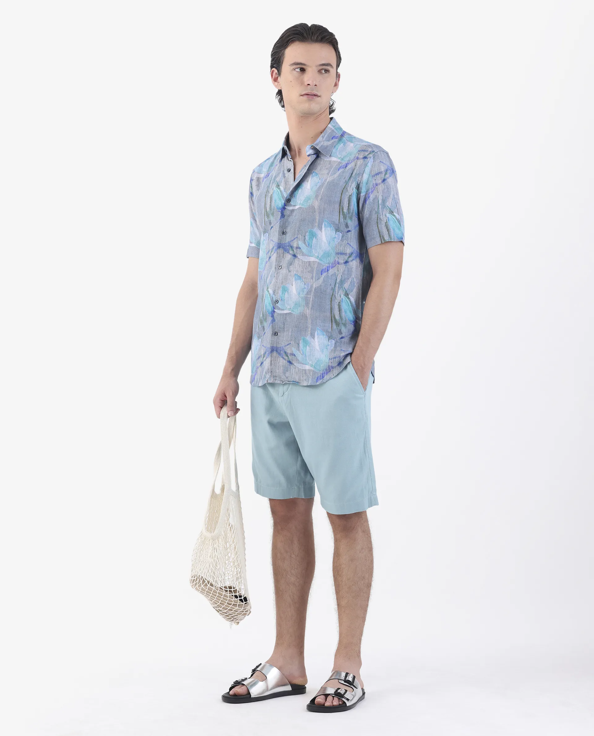 Rare Rabbit Men's Edam Turq Linen Blend Plain Relaxed Fit Shorts