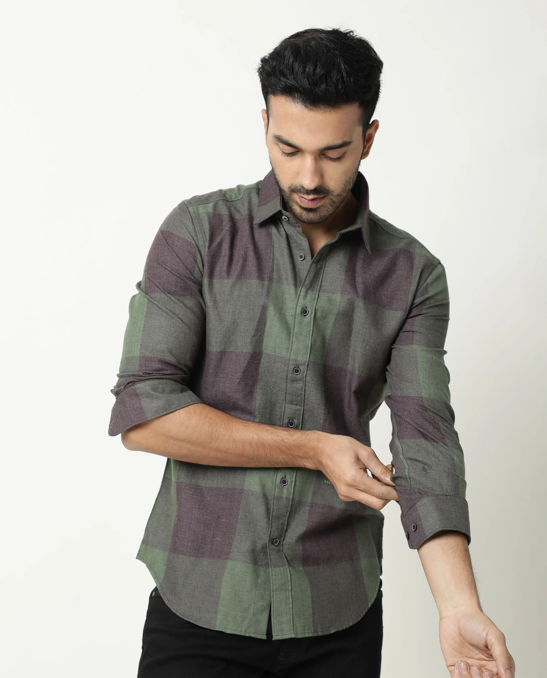 Rare Rabbit Men's Edd Green Cotton Checked Print Tailored Fit Full Sleeve Collared Shirt - Image 2