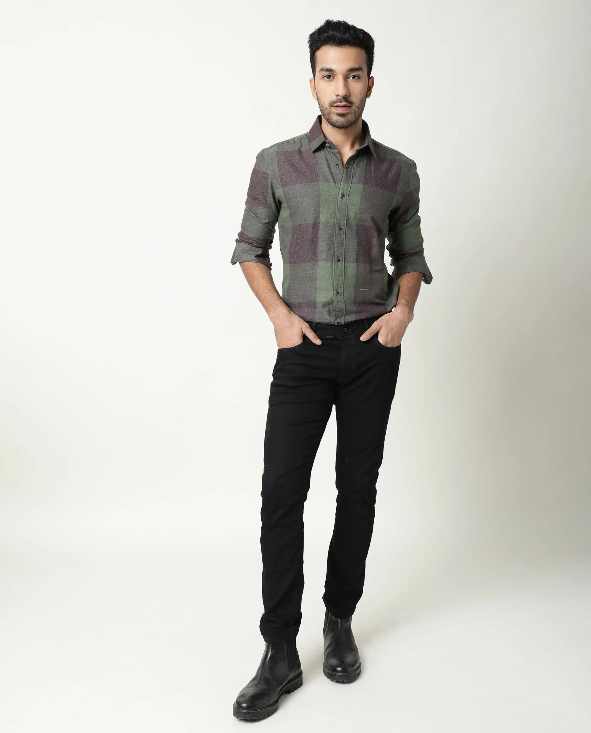 Rare Rabbit Men's Edd Green Cotton Checked Print Tailored Fit Full Sleeve Collared Shirt - Image 4