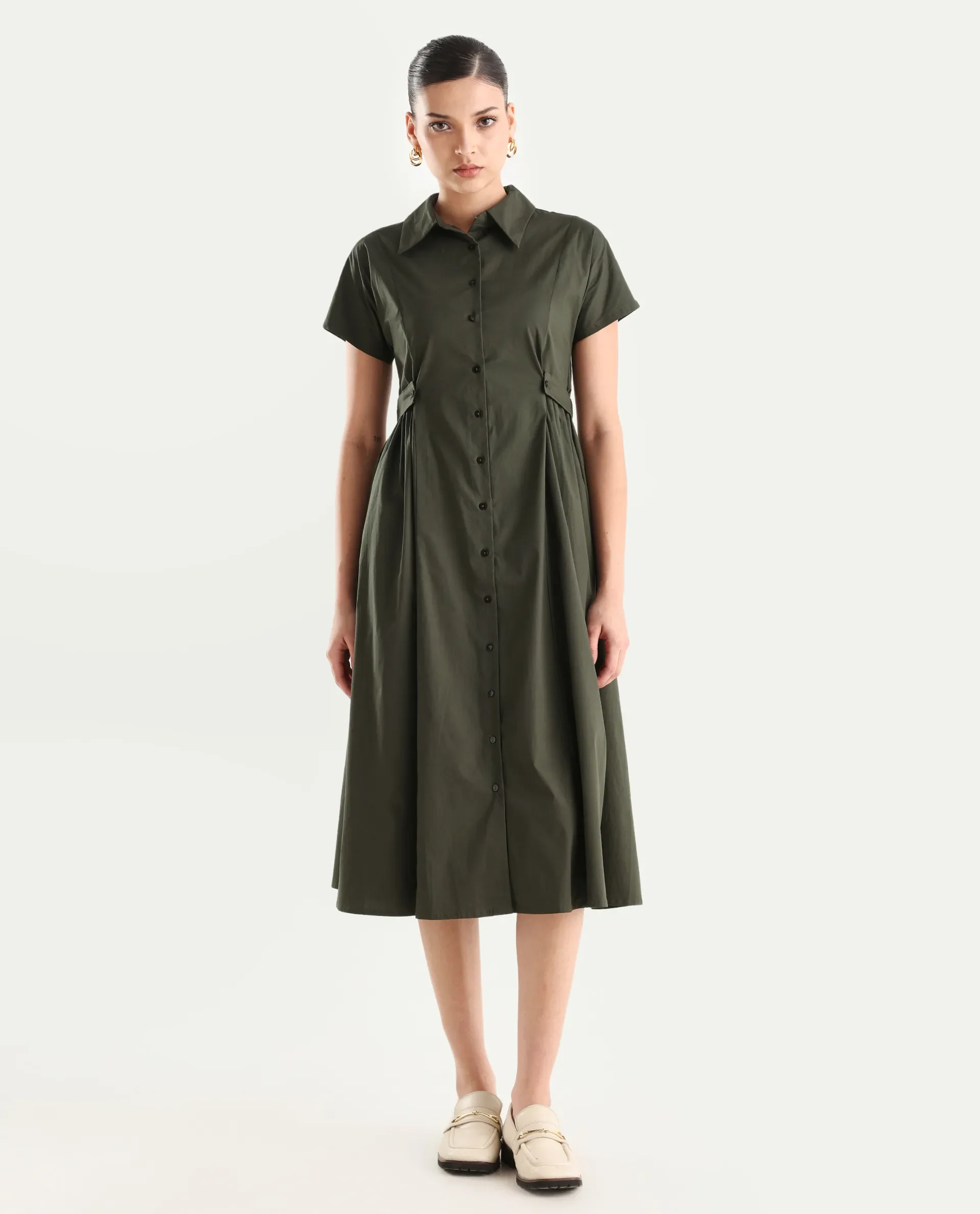 Rareism Women's Eddl Olive Cotton Blend Drop Collar Plain Midi Fit And Flare Dress - Image 2