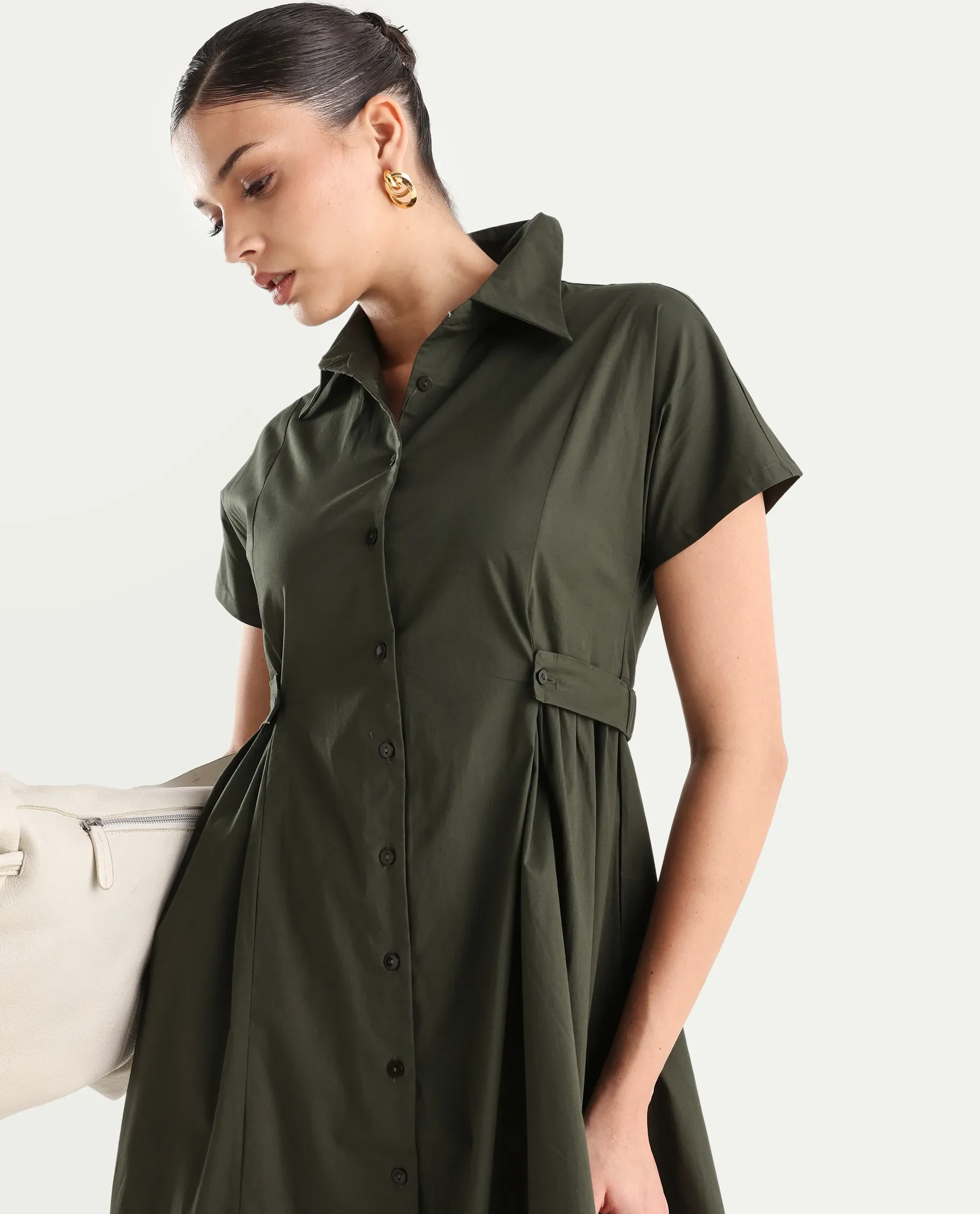 Rareism Women's Eddl Olive Cotton Blend Drop Collar Plain Midi Fit And Flare Dress - Image 3