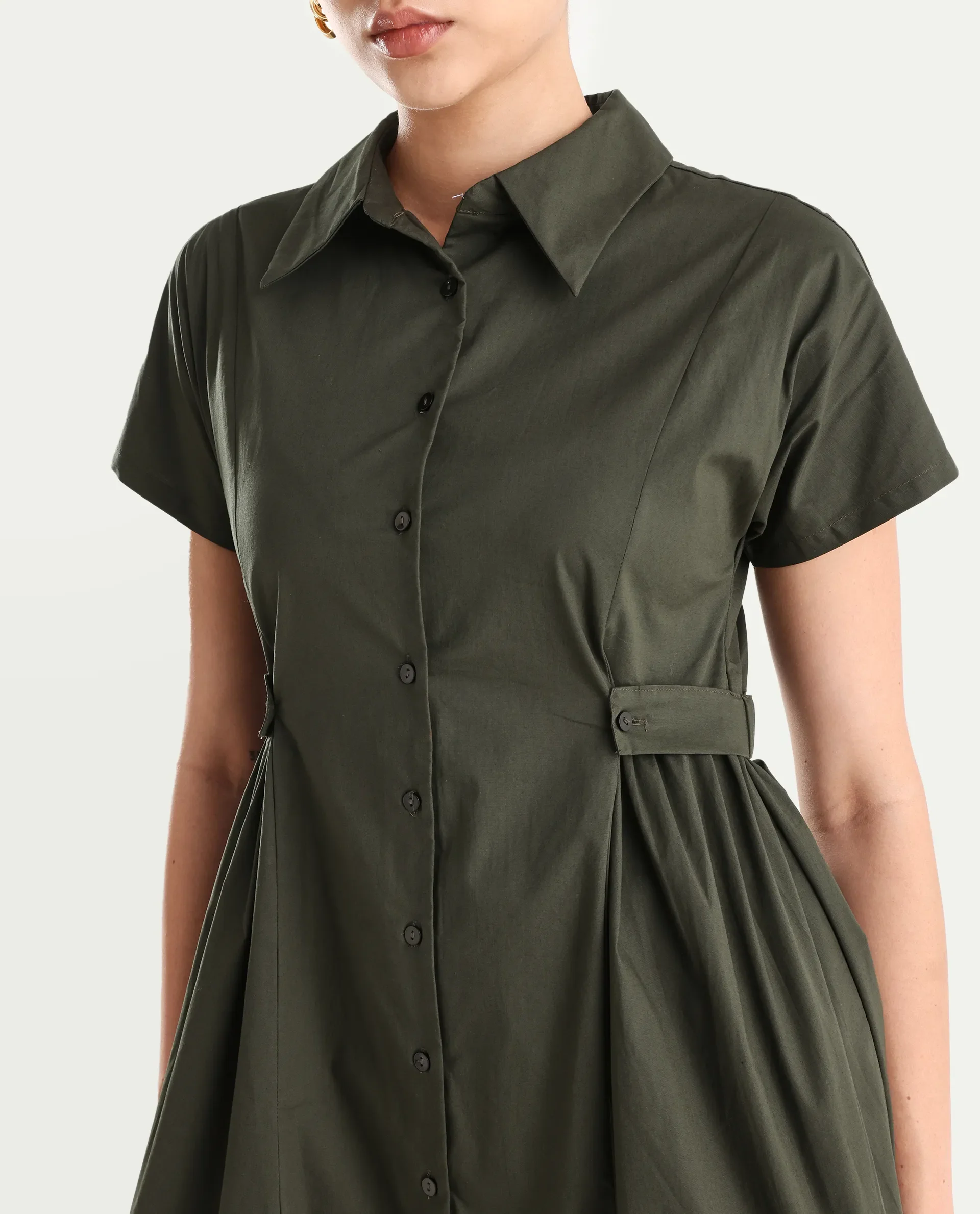 Rareism Women's Eddl Olive Cotton Blend Drop Collar Plain Midi Fit And Flare Dress - Image 4
