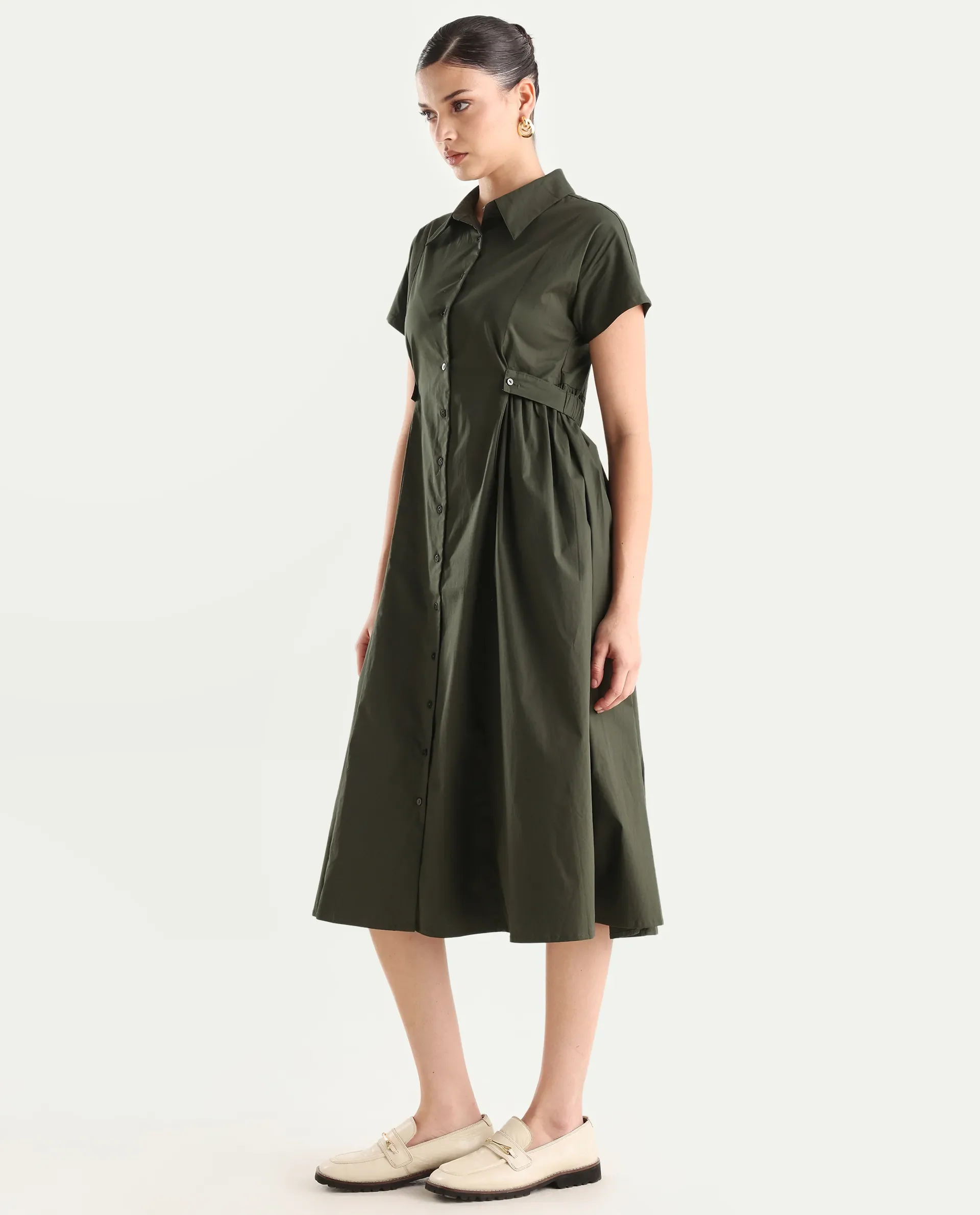 Rareism Women's Eddl Olive Cotton Blend Drop Collar Plain Midi Fit And Flare Dress - Image 5