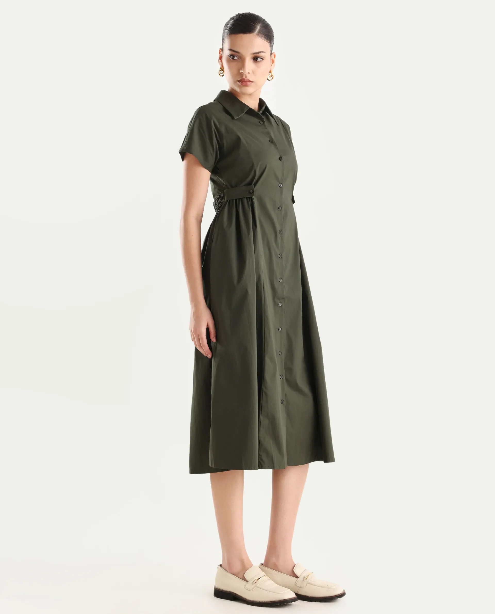 Rareism Women's Eddl Olive Cotton Blend Drop Collar Plain Midi Fit And Flare Dress - Image 6