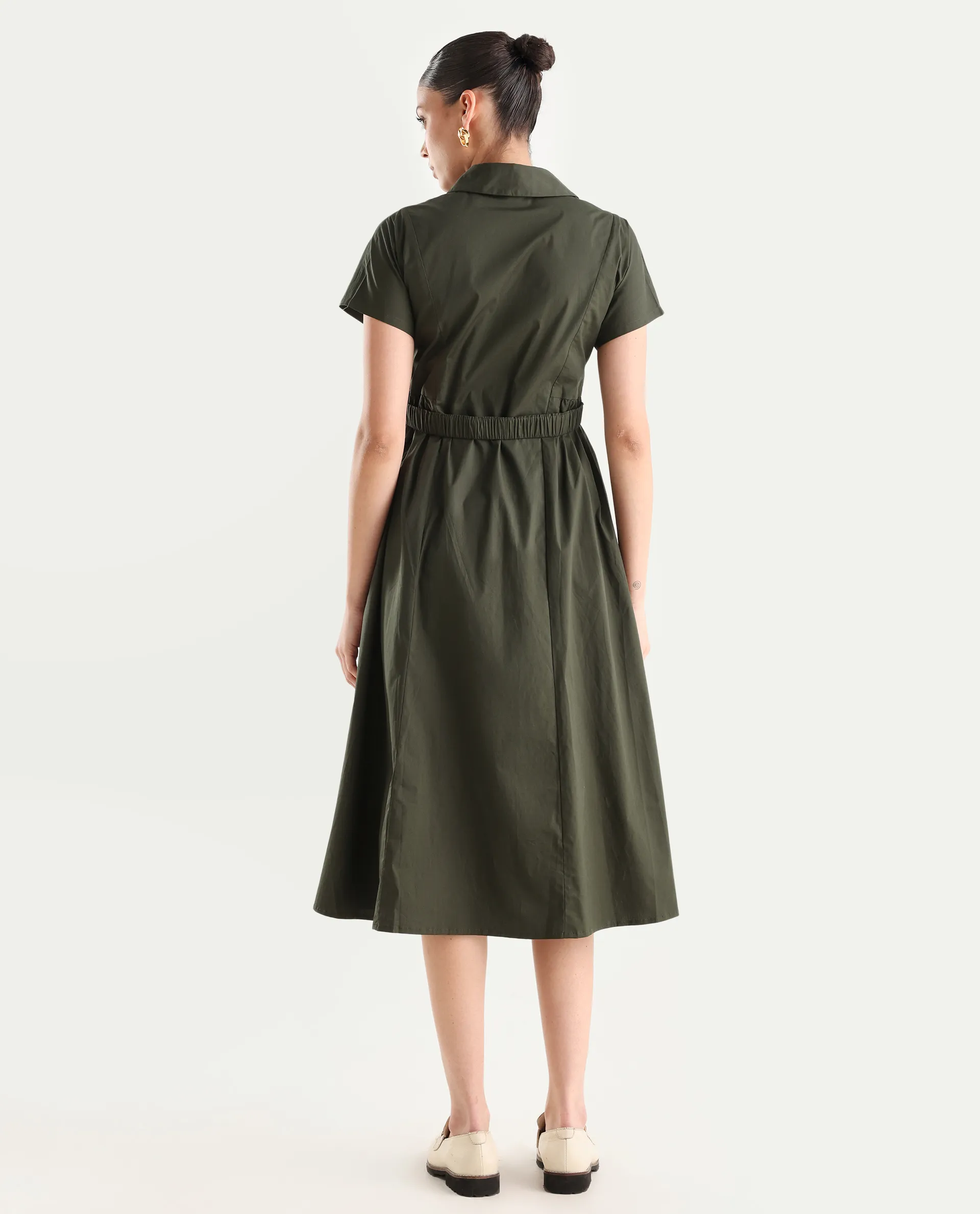 Rareism Women's Eddl Olive Cotton Blend Drop Collar Plain Midi Fit And Flare Dress - Image 7