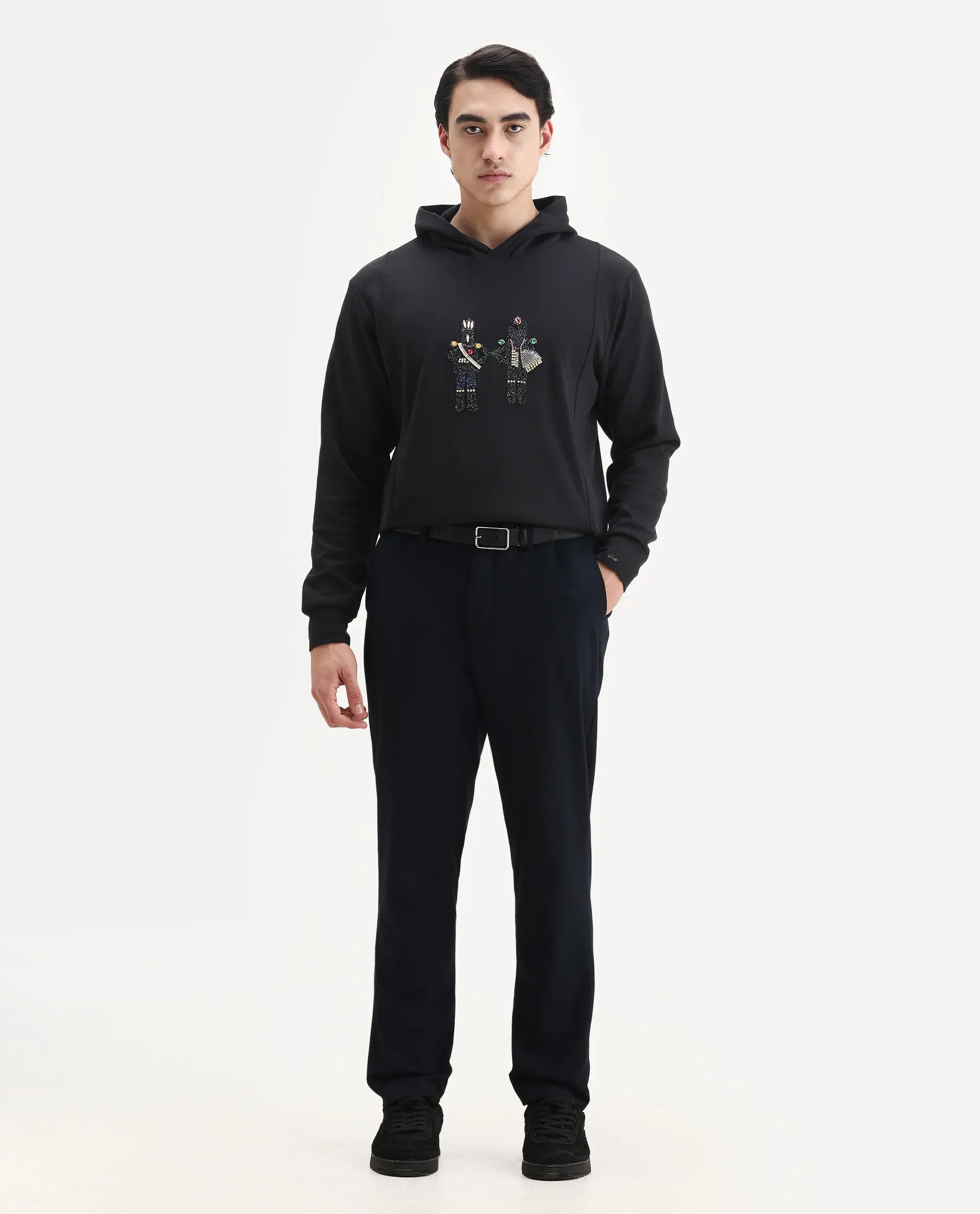 Rare Rabbit Men's Eddy Black Cotton Blend Gemstone Artwork Regular Fit Full Sleeve Hooded Sweatshirt - Image 2