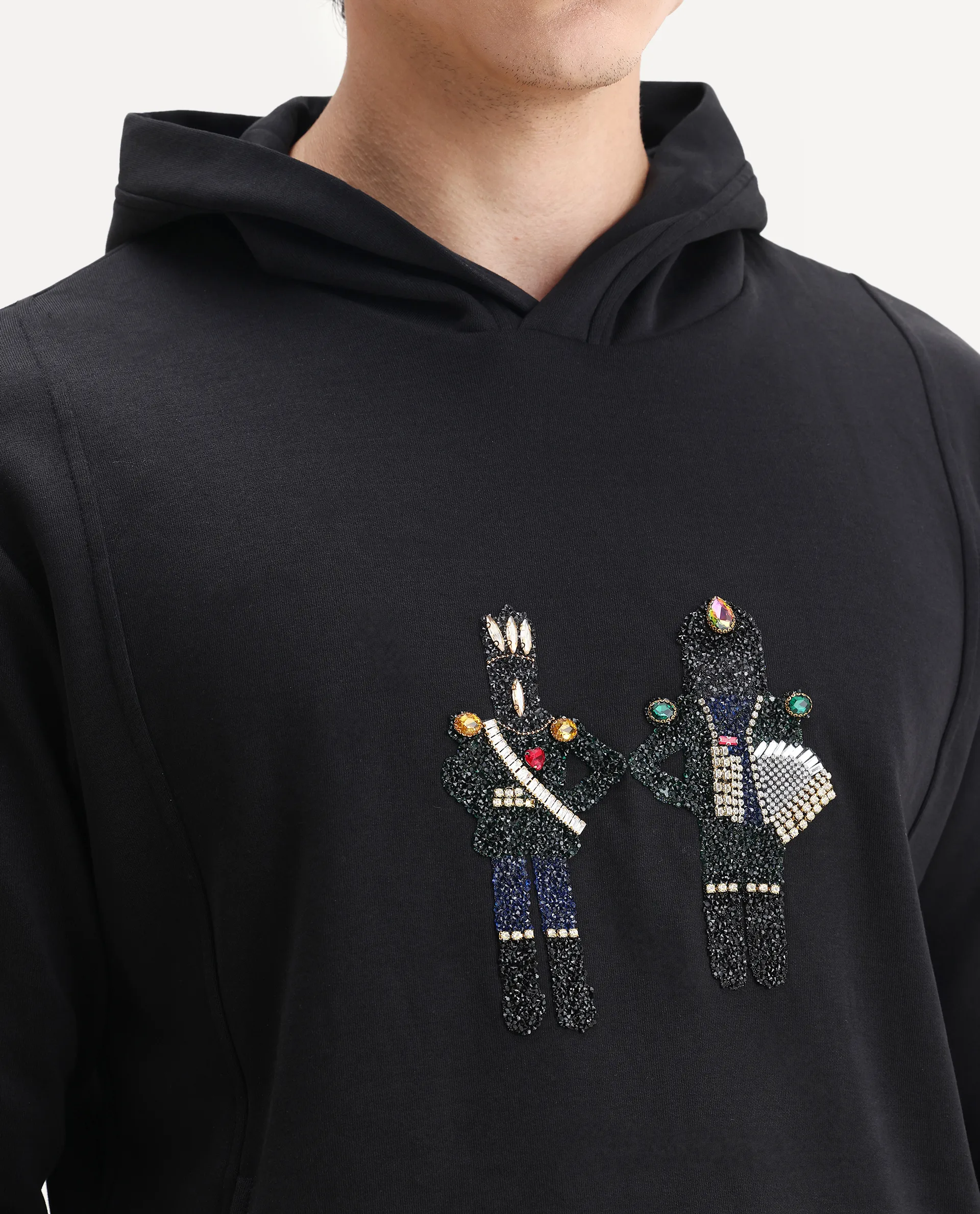 Rare Rabbit Men's Eddy Black Cotton Blend Gemstone Artwork Regular Fit Full Sleeve Hooded Sweatshirt - Image 3
