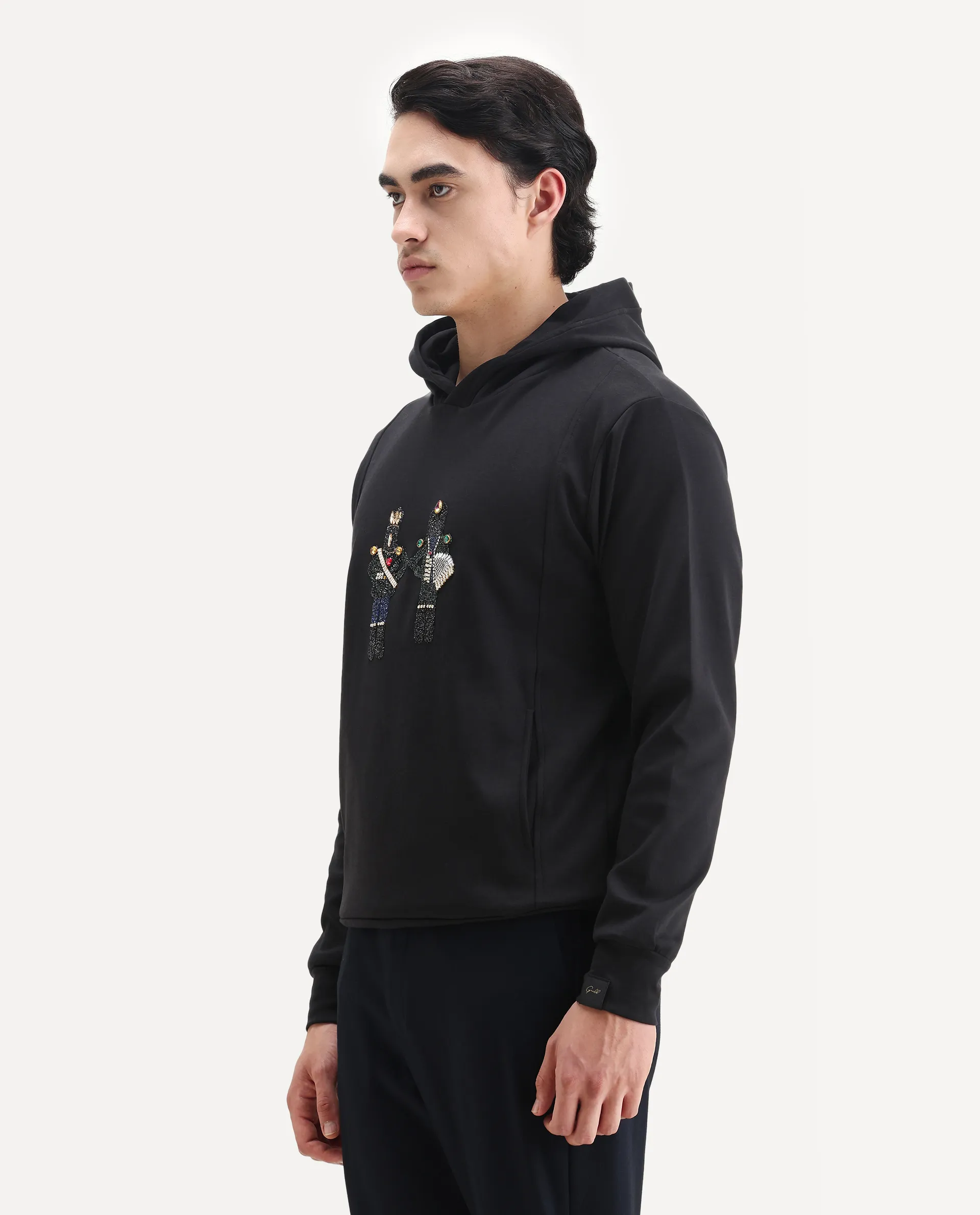 Rare Rabbit Men's Eddy Black Cotton Blend Gemstone Artwork Regular Fit Full Sleeve Hooded Sweatshirt - Image 4