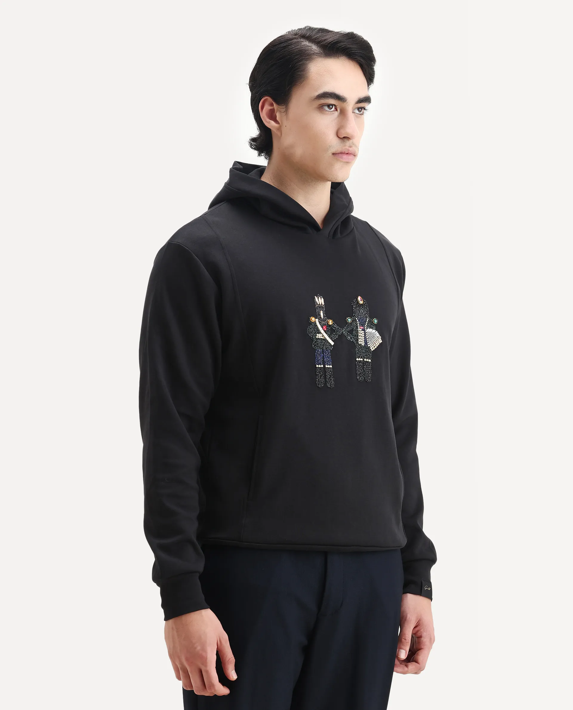 Rare Rabbit Men's Eddy Black Cotton Blend Gemstone Artwork Regular Fit Full Sleeve Hooded Sweatshirt - Image 5