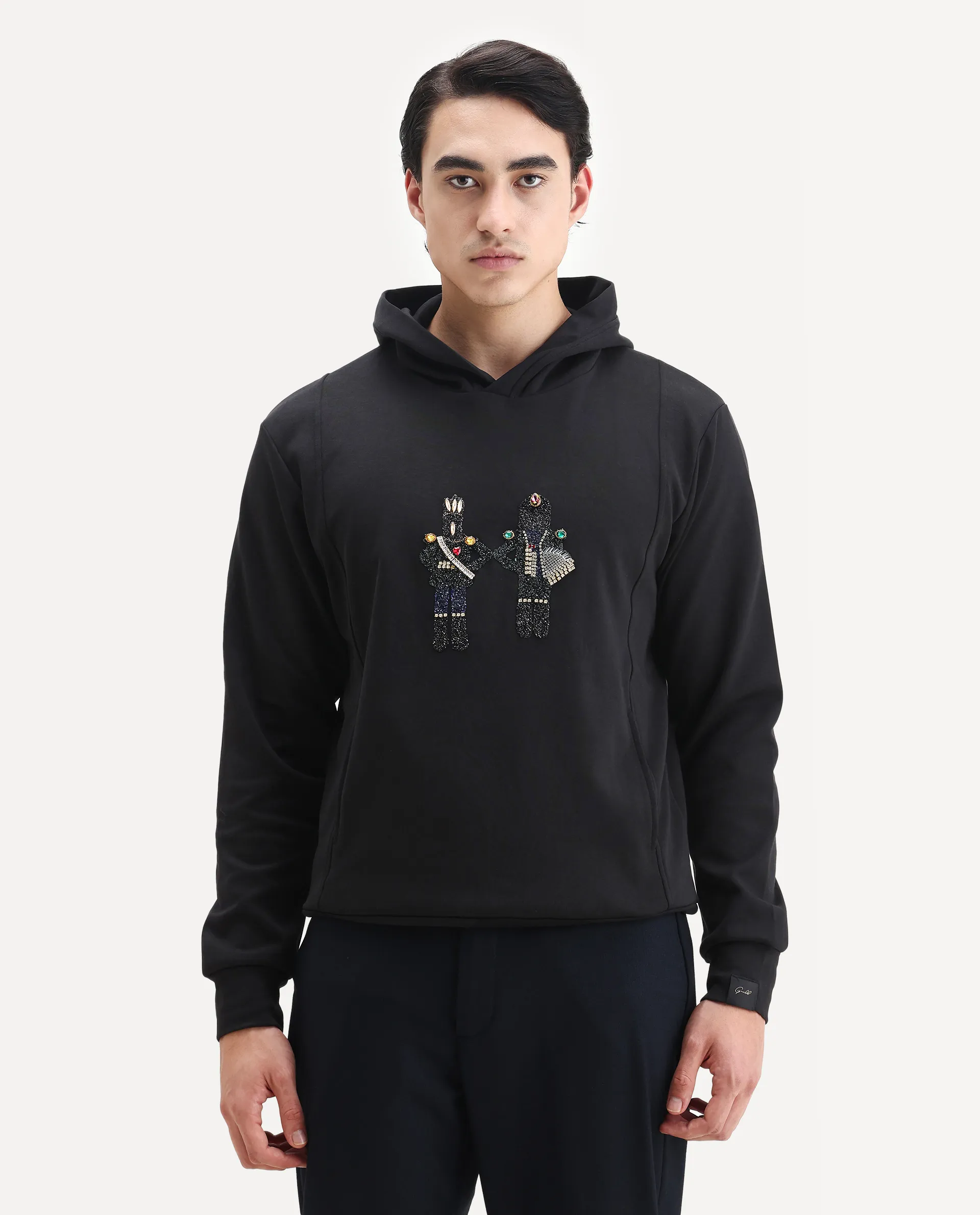 Rare Rabbit Men's Eddy Black Cotton Blend Gemstone Artwork Regular Fit Full Sleeve Hooded Sweatshirt - Image 6