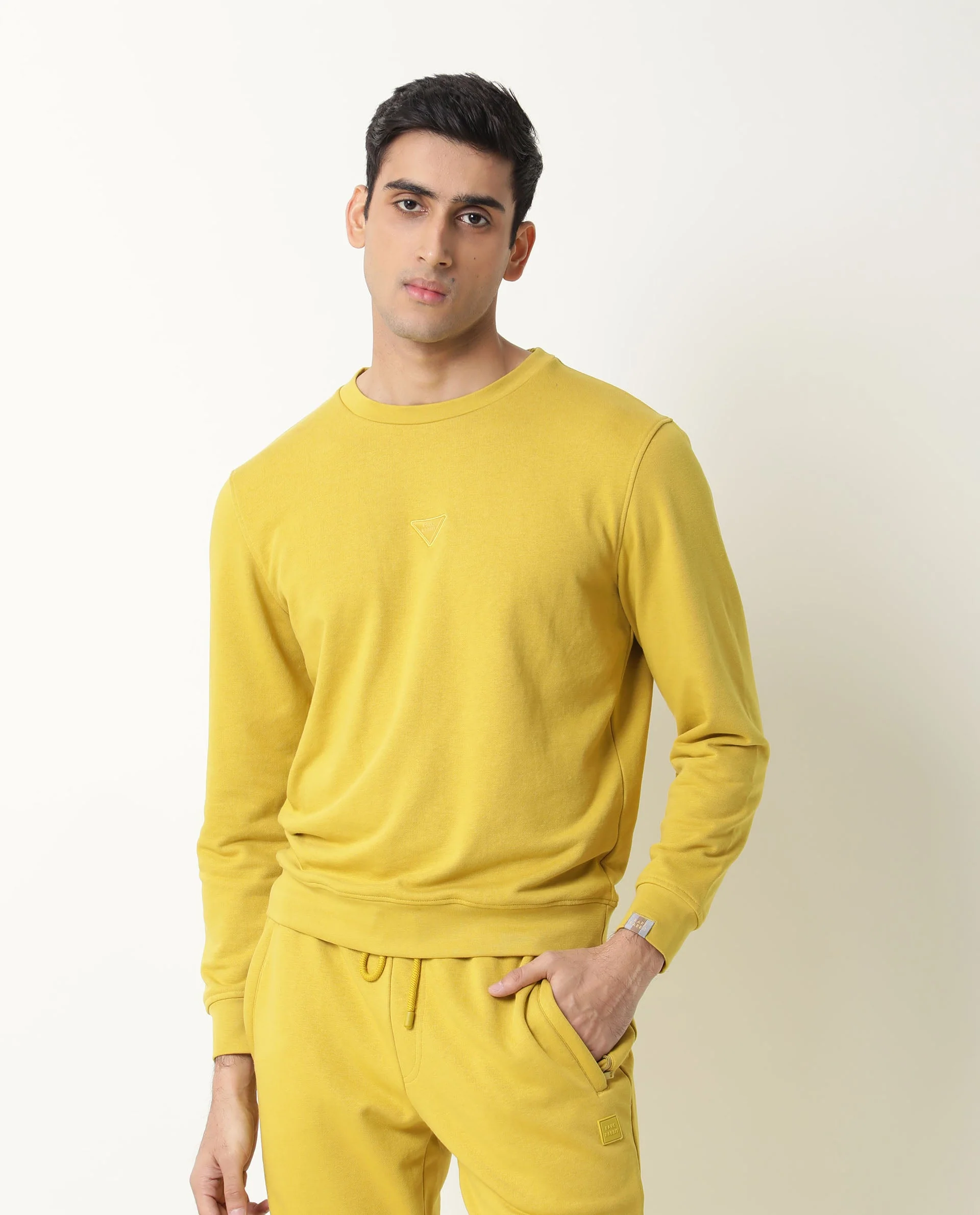 Rare Rabbit Men's Eden Yellow Cotton Plain Slim Fit Full Sleeve Crew Neck Sweatshirt - Image 4