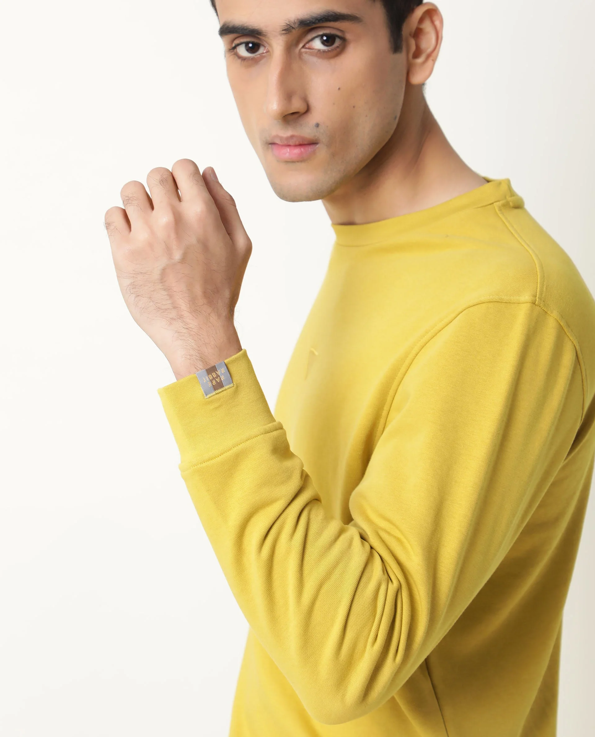 Rare Rabbit Men's Eden Yellow Cotton Plain Slim Fit Full Sleeve Crew Neck Sweatshirt - Image 5