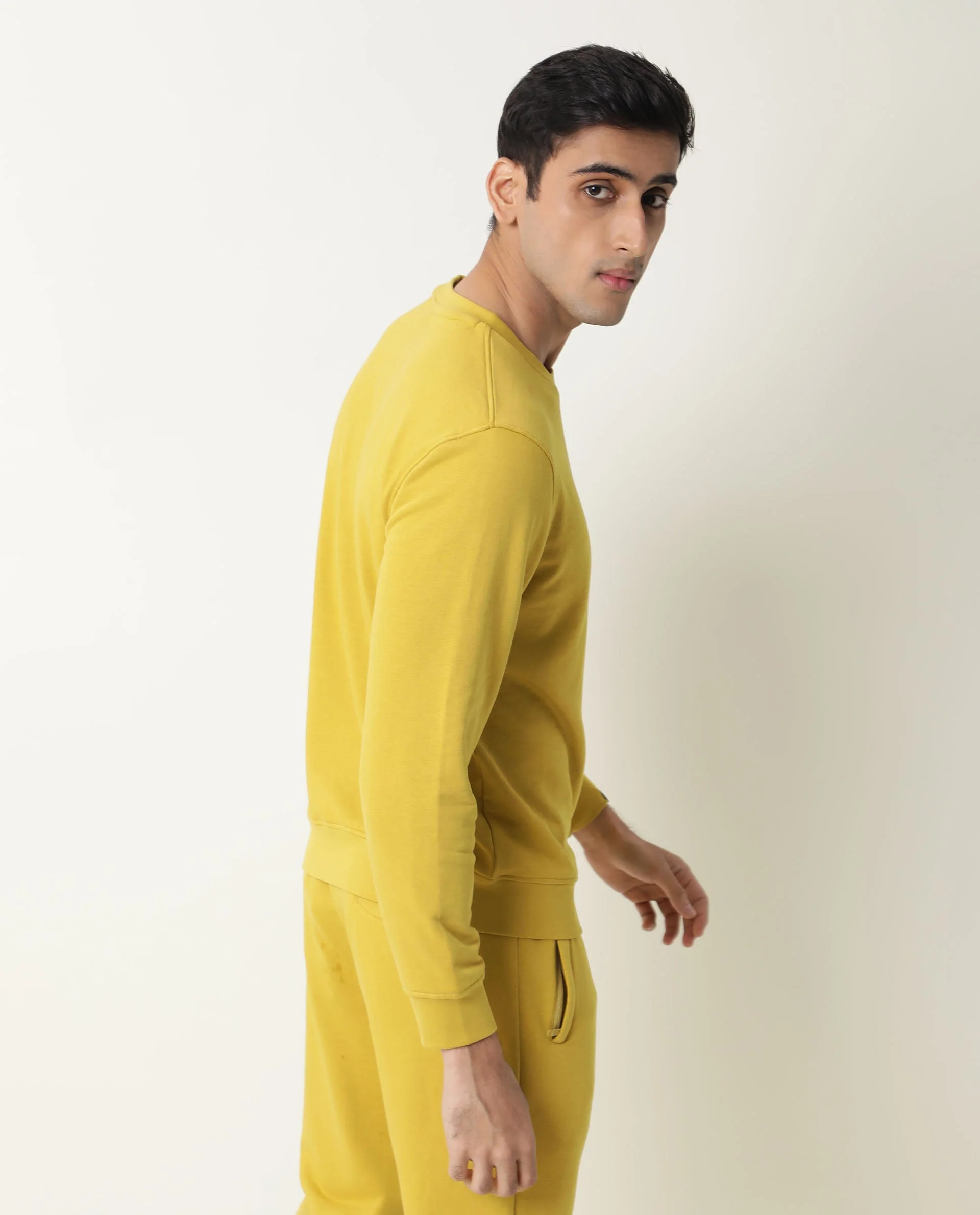 Rare Rabbit Men's Eden Yellow Cotton Plain Slim Fit Full Sleeve Crew Neck Sweatshirt - Image 8