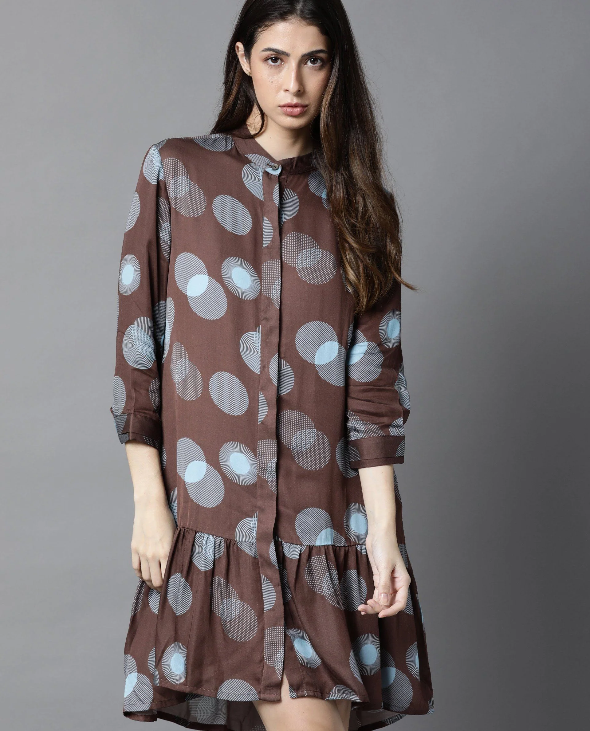 Rareism Women Eden Brown Dress Short Sleeves Printed - Image 4