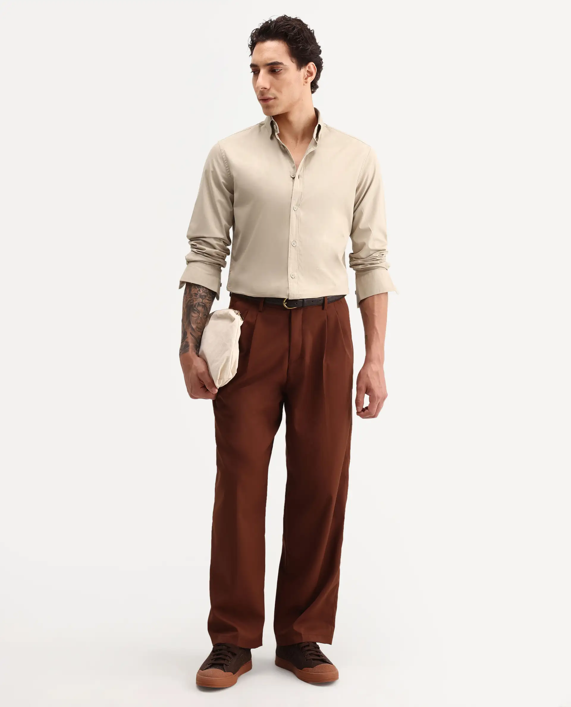 Rare Rabbit Men's Eder Light Beige Cotton Fabric Full Sleeve Collared Regular Fit Plain Shirt - Image 2
