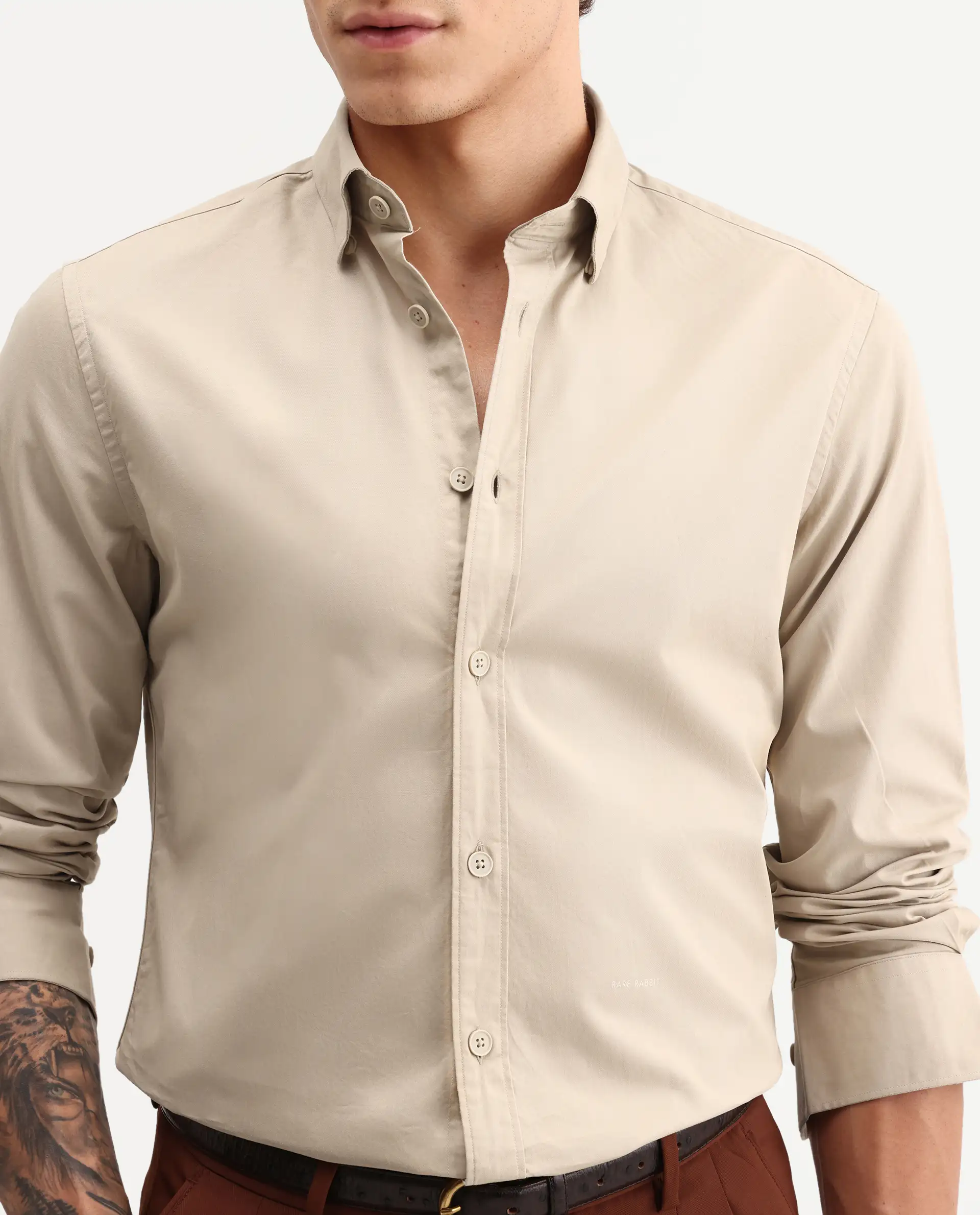 Rare Rabbit Men's Eder Light Beige Cotton Fabric Full Sleeve Collared Regular Fit Plain Shirt - Image 3
