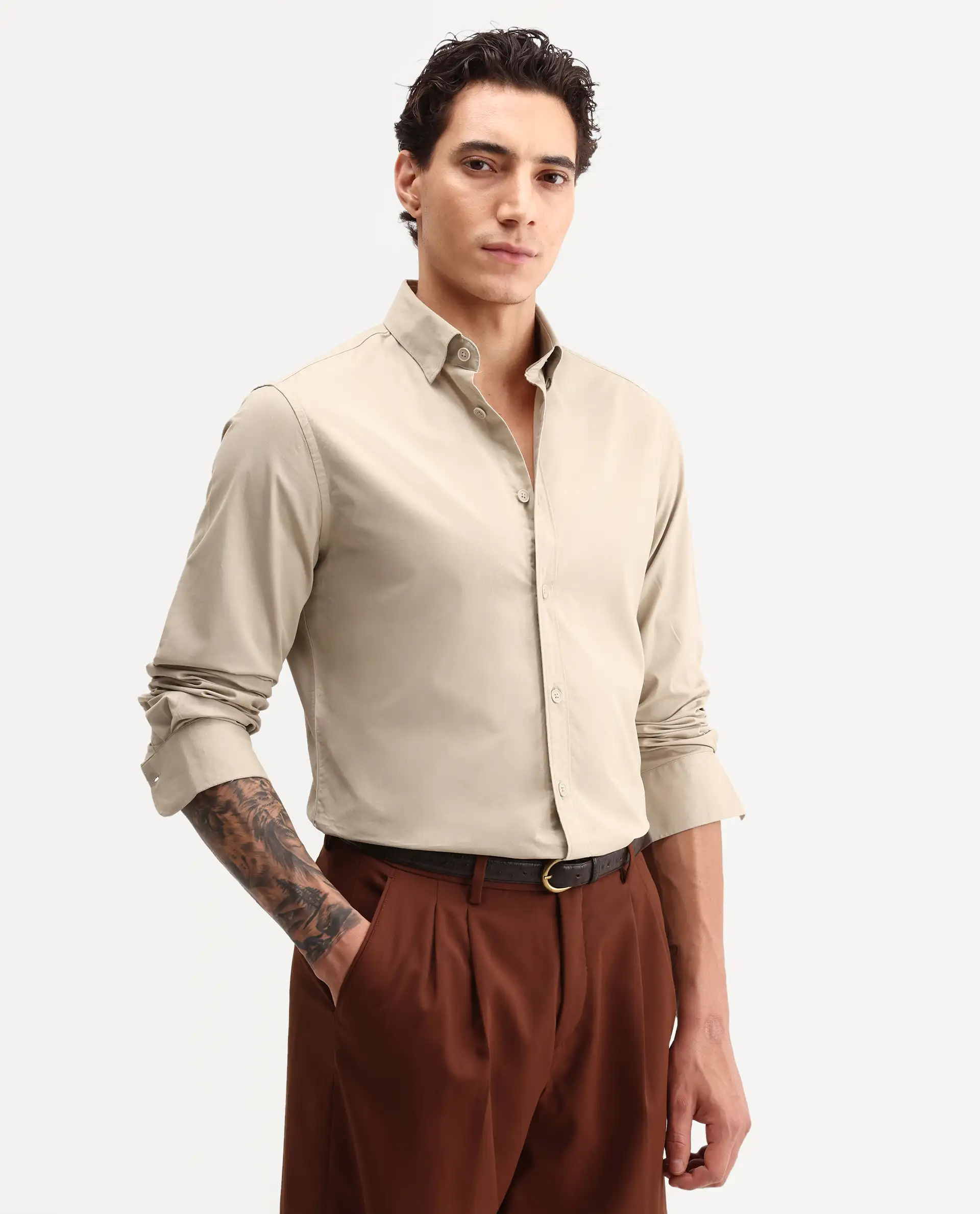 Rare Rabbit Men's Eder Light Beige Cotton Fabric Full Sleeve Collared Regular Fit Plain Shirt - Image 5