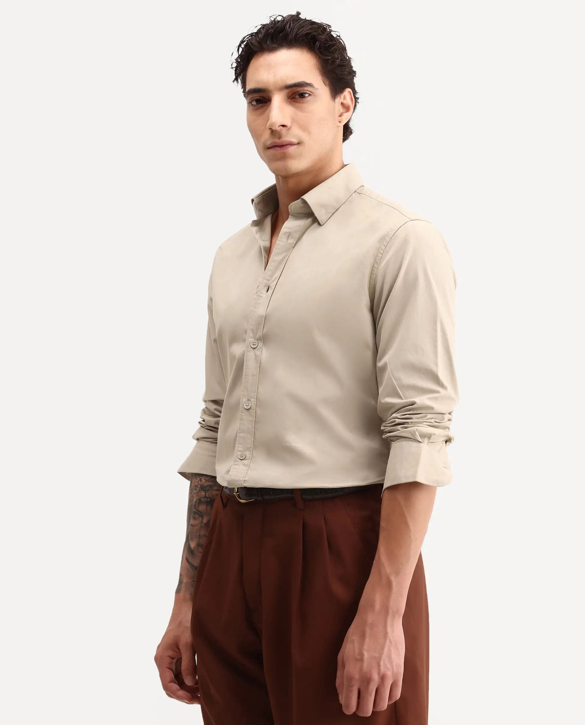 Rare Rabbit Men's Eder Light Beige Cotton Fabric Full Sleeve Collared Regular Fit Plain Shirt - Image 6
