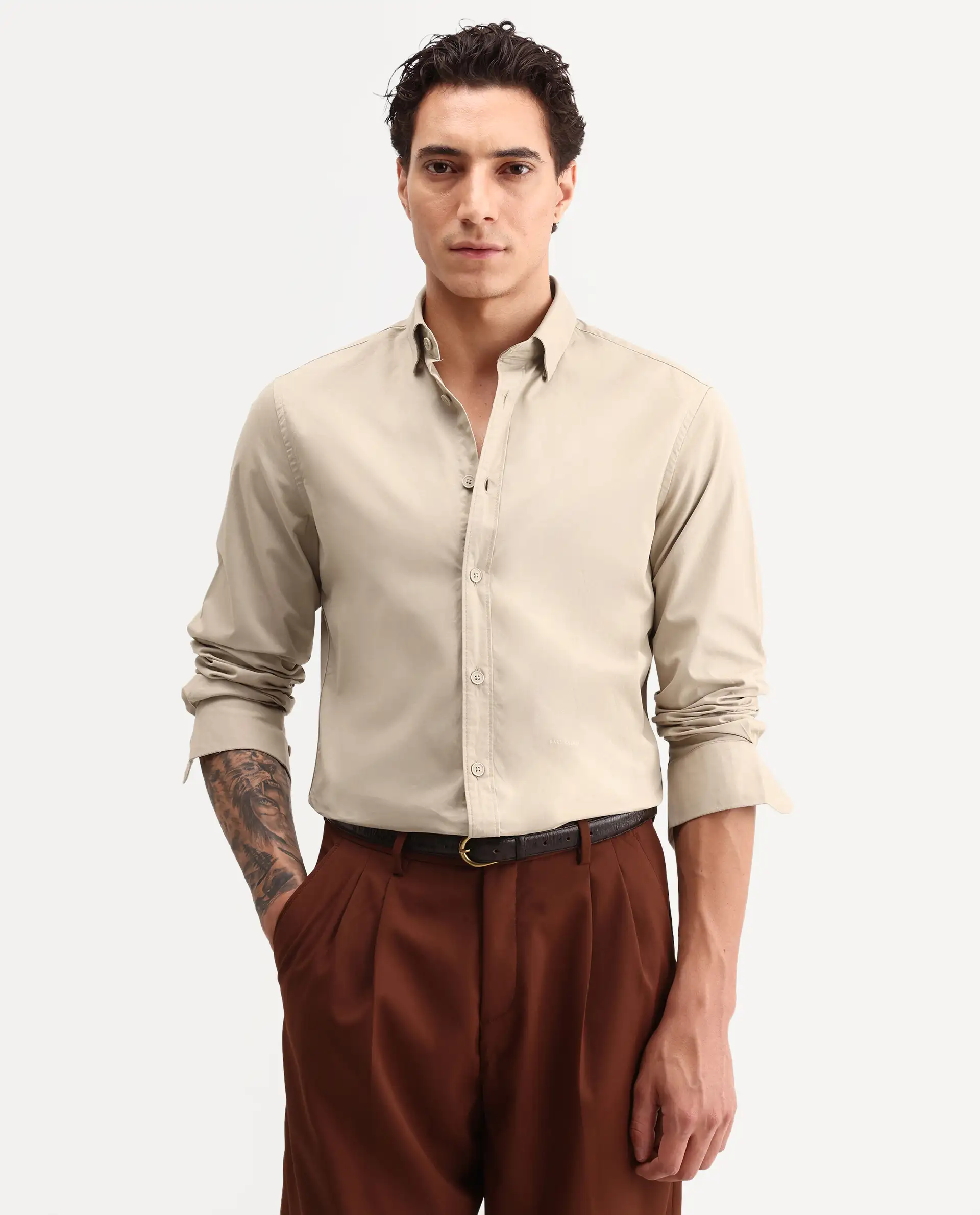 Rare Rabbit Men's Eder Light Beige Cotton Fabric Full Sleeve Collared Regular Fit Plain Shirt - Image 7