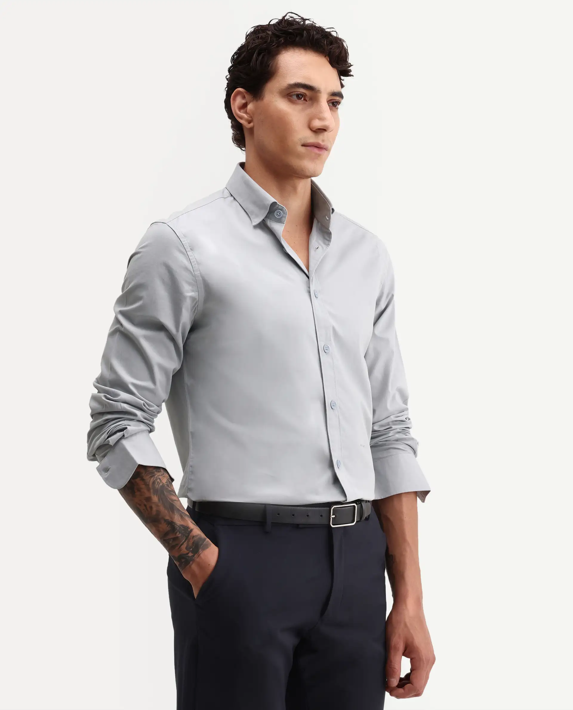 Rare Rabbit Men's Eder Light Blue Cotton Fabric Full Sleeve Collared Regular Fit Plain Shirt - Image 4