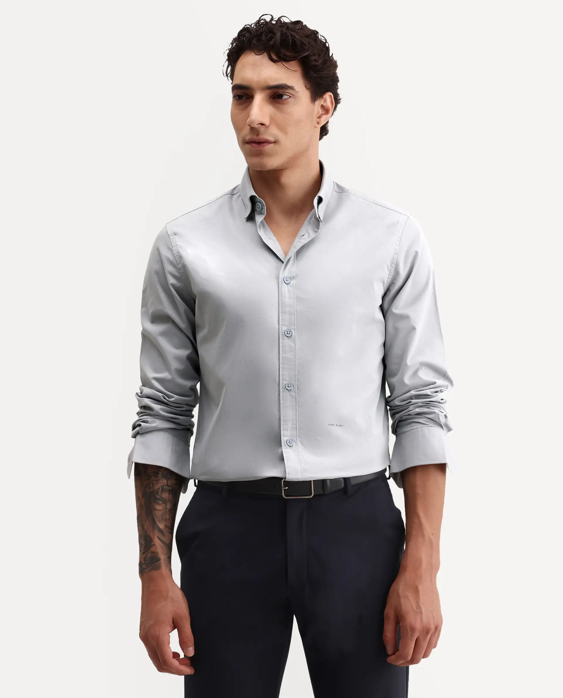 Rare Rabbit Men's Eder Light Blue Cotton Fabric Full Sleeve Collared Regular Fit Plain Shirt - Image 5