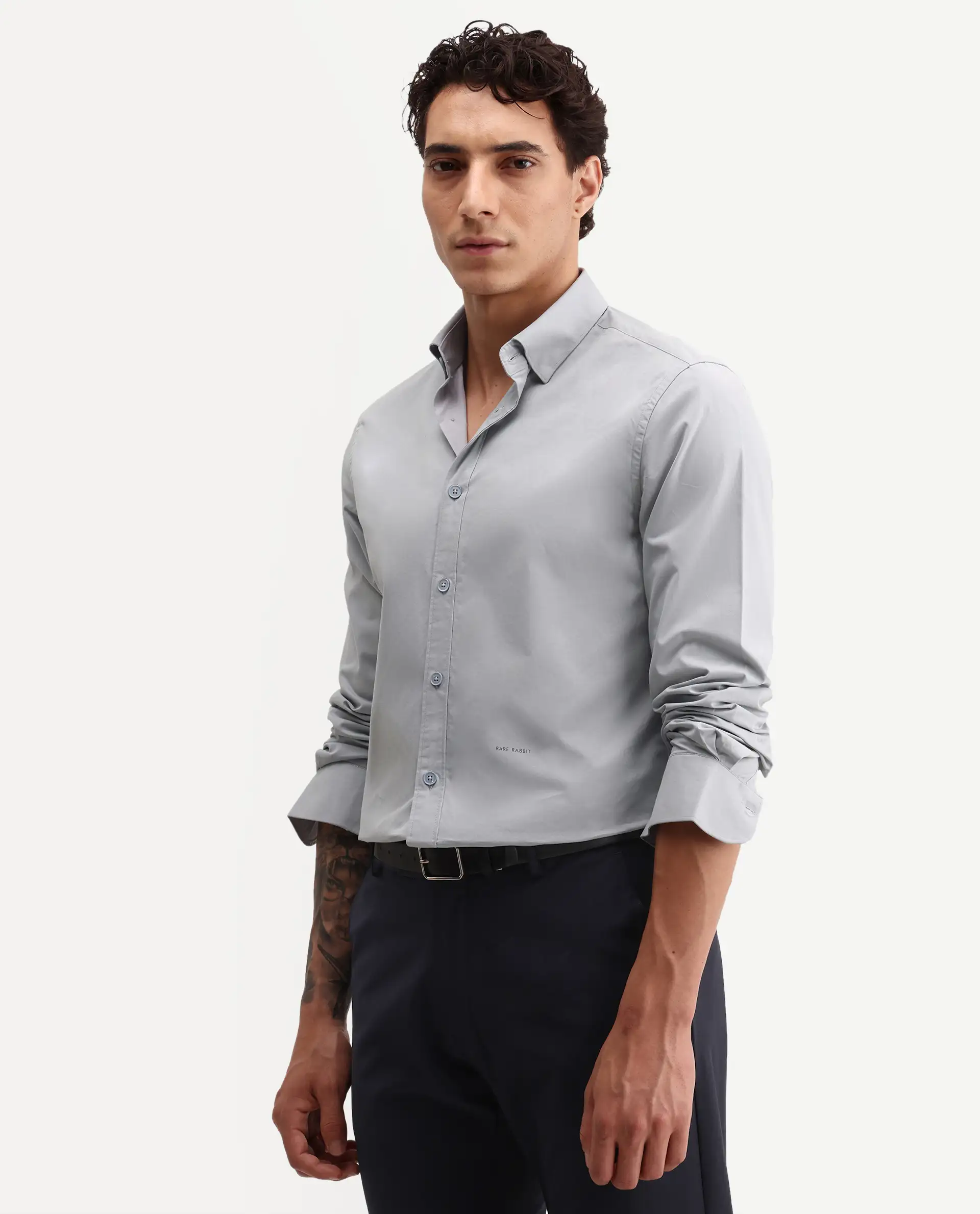 Rare Rabbit Men's Eder Light Blue Cotton Fabric Full Sleeve Collared Regular Fit Plain Shirt - Image 6