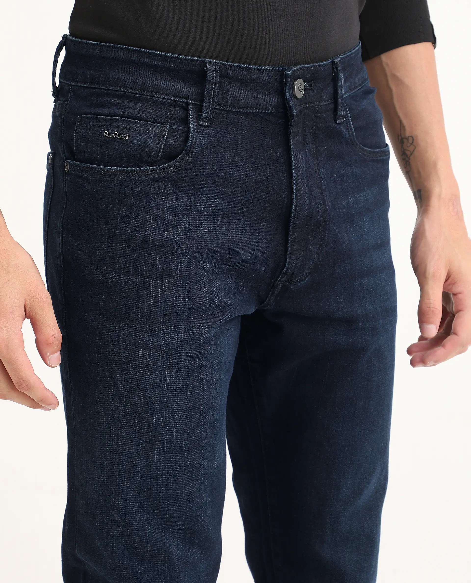 Rare Rabbit Men's Edge Dark Navy Cotton Blend Fabric Regular Fit Plain Jeans - Image 3
