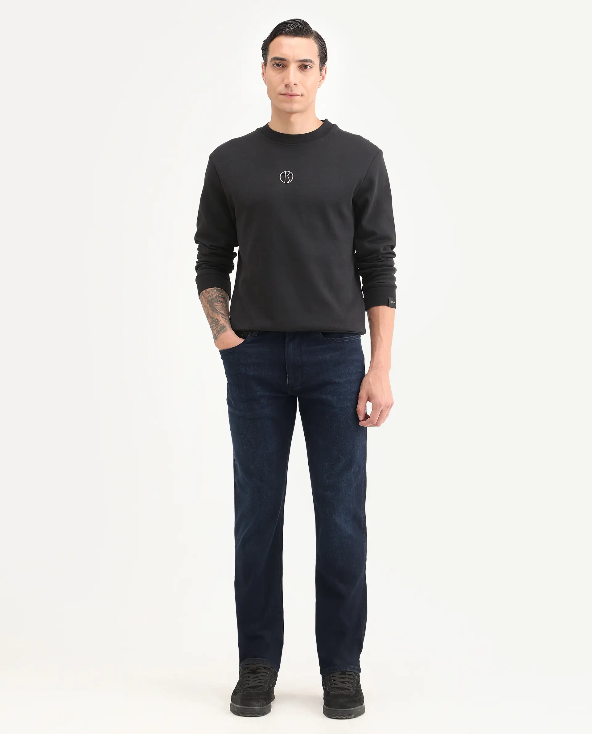 Rare Rabbit Men's Edge Dark Navy Cotton Blend Fabric Regular Fit Plain Jeans - Image 4
