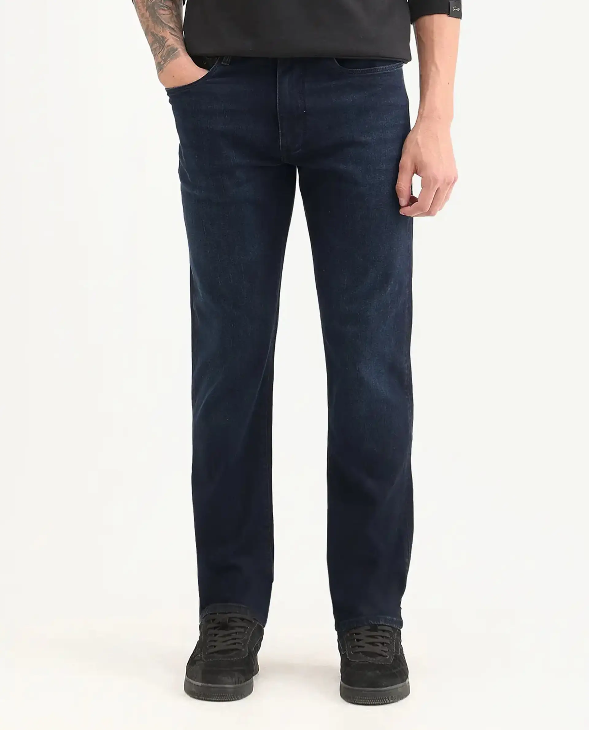 Rare Rabbit Men's Edge Dark Navy Cotton Blend Fabric Regular Fit Plain Jeans - Image 8