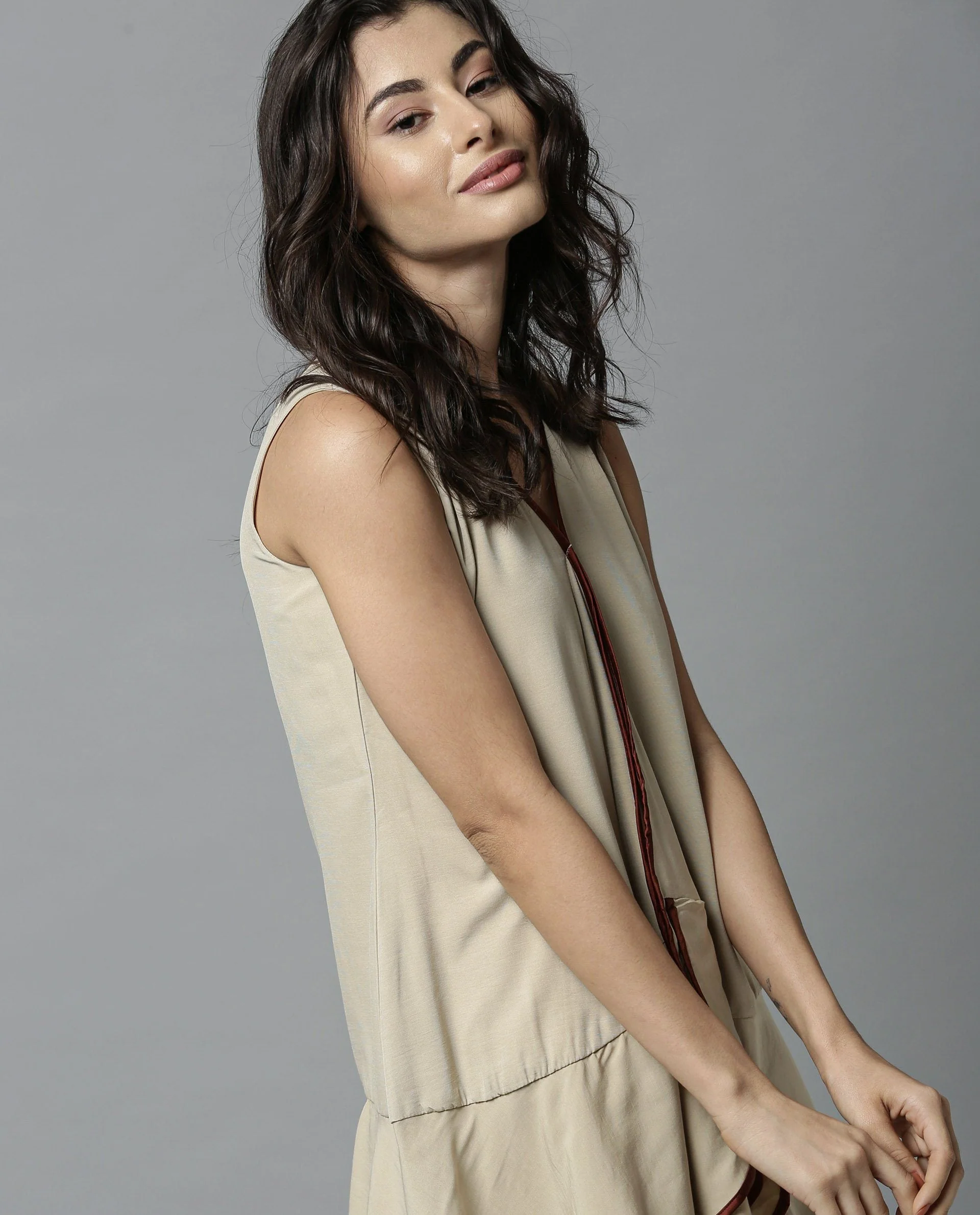 Rareism Women Edge Beige Dress Sleeveless - Image 3