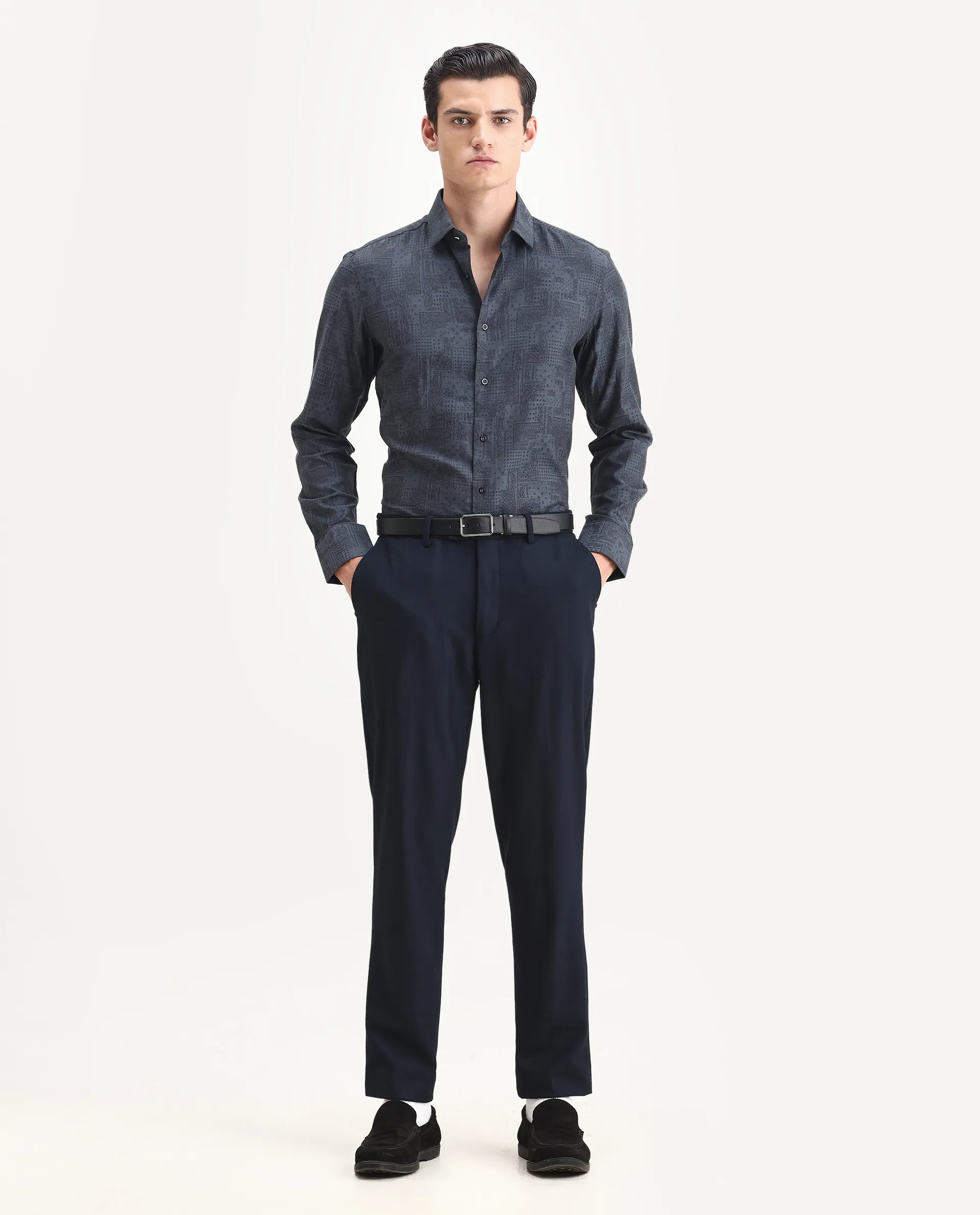 Rare Rabbit Men's Edgo Dusky Blue Cotton Jacquard Regular Fit Full Sleeve Collared Shirt - Image 2
