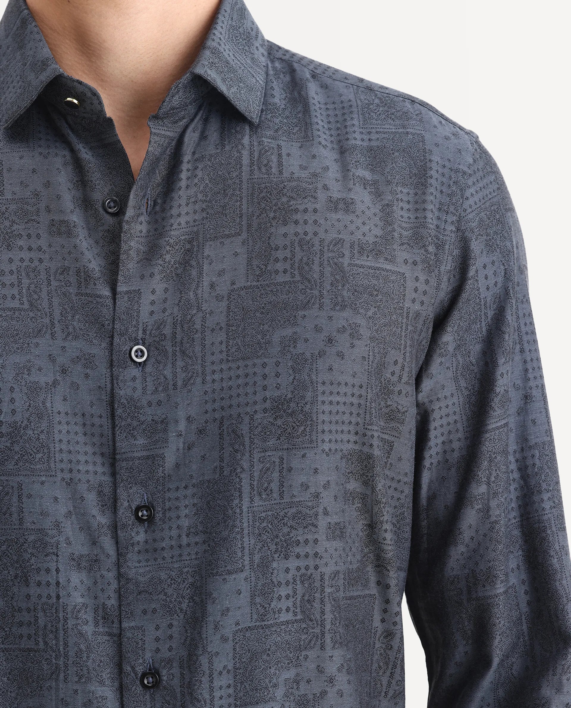 Rare Rabbit Men's Edgo Dusky Blue Cotton Jacquard Regular Fit Full Sleeve Collared Shirt - Image 3