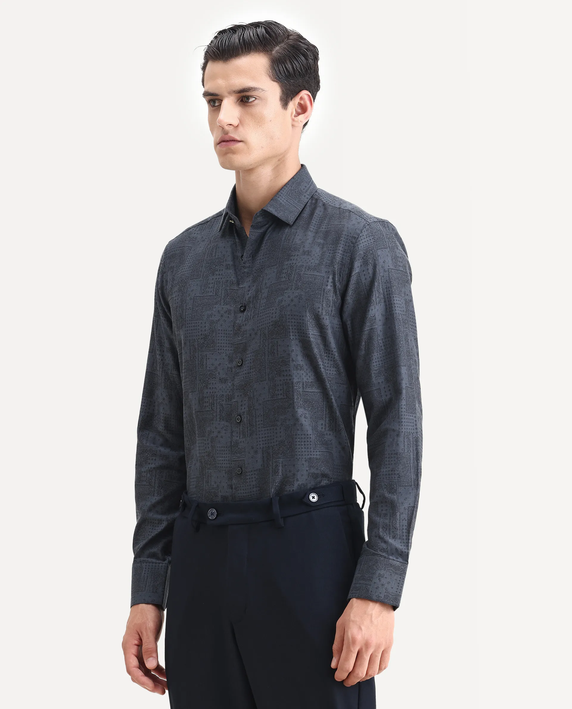 Rare Rabbit Men's Edgo Dusky Blue Cotton Jacquard Regular Fit Full Sleeve Collared Shirt - Image 4