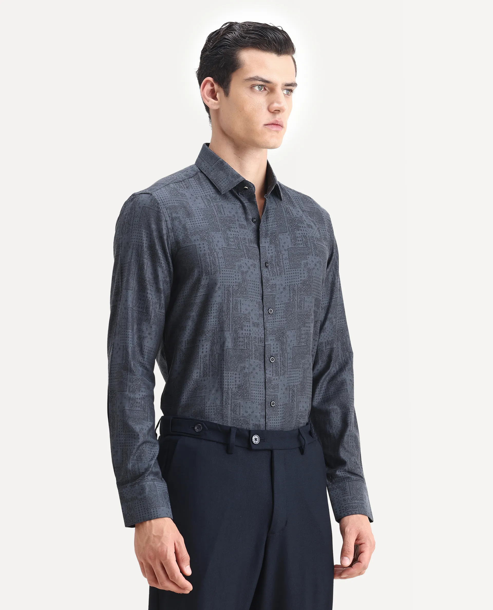 Rare Rabbit Men's Edgo Dusky Blue Cotton Jacquard Regular Fit Full Sleeve Collared Shirt - Image 5