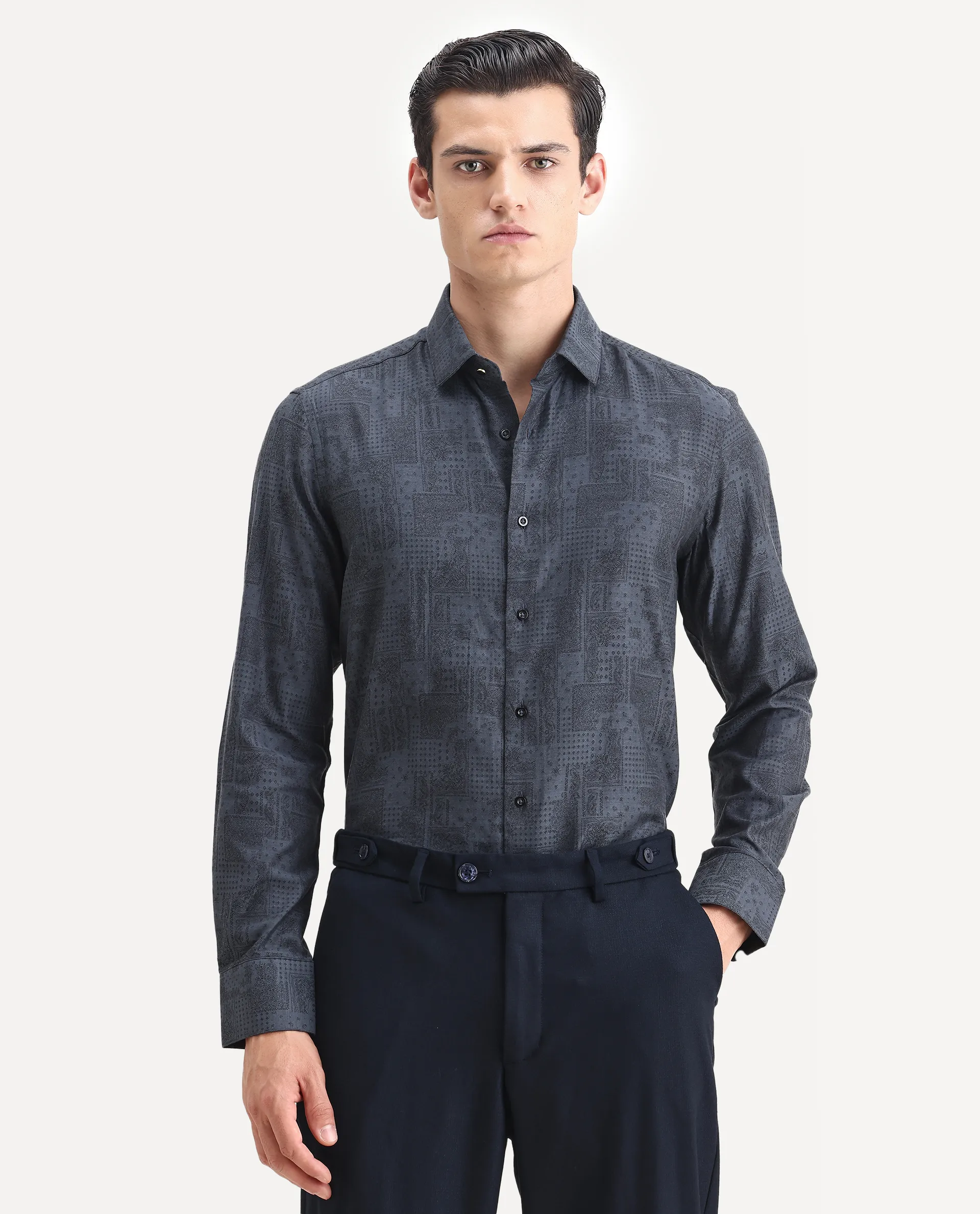 Rare Rabbit Men's Edgo Dusky Blue Cotton Jacquard Regular Fit Full Sleeve Collared Shirt - Image 6