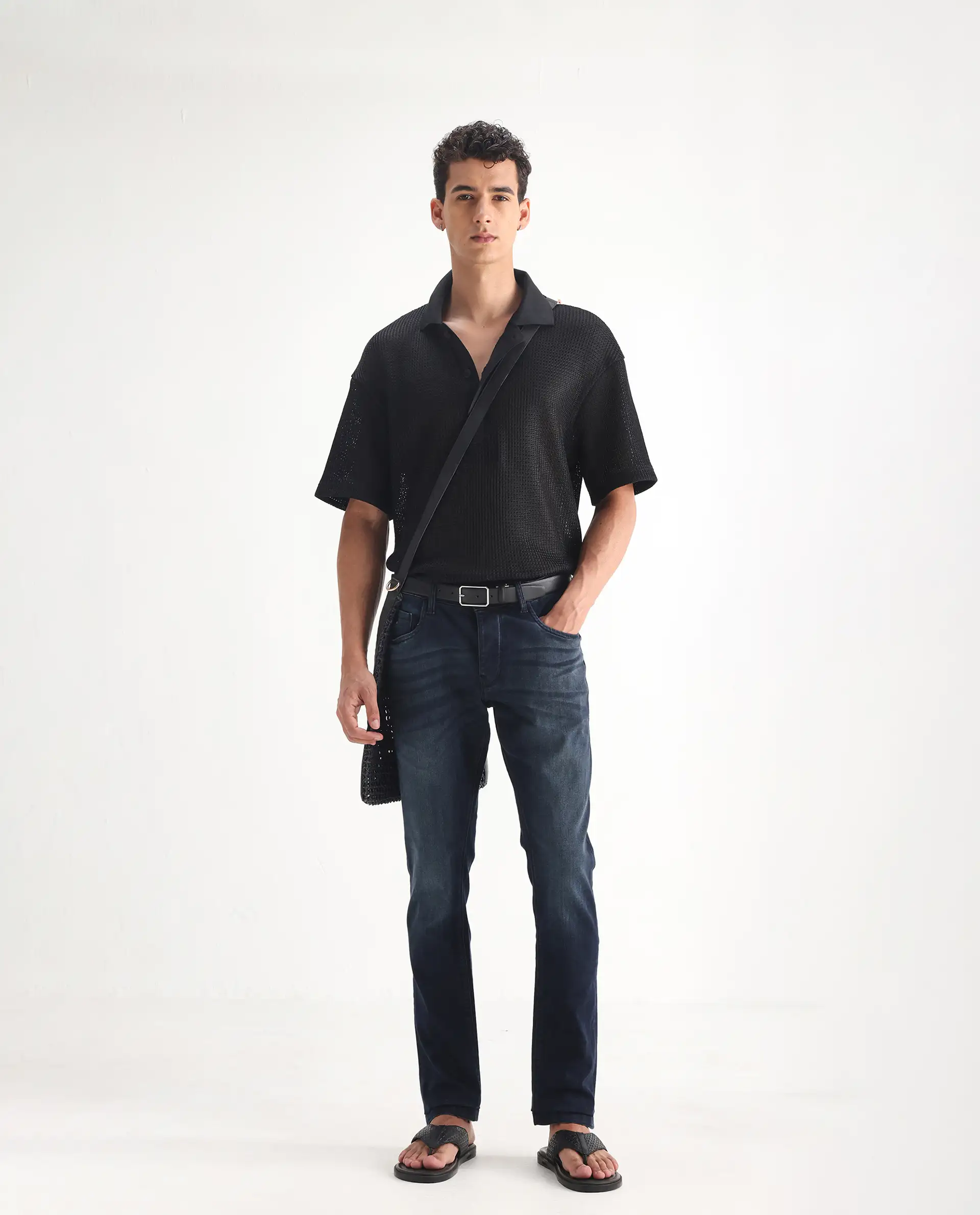Rare Rabbit Men's Edin Blue Cotton Plain Hawk Slim Fit Jeans