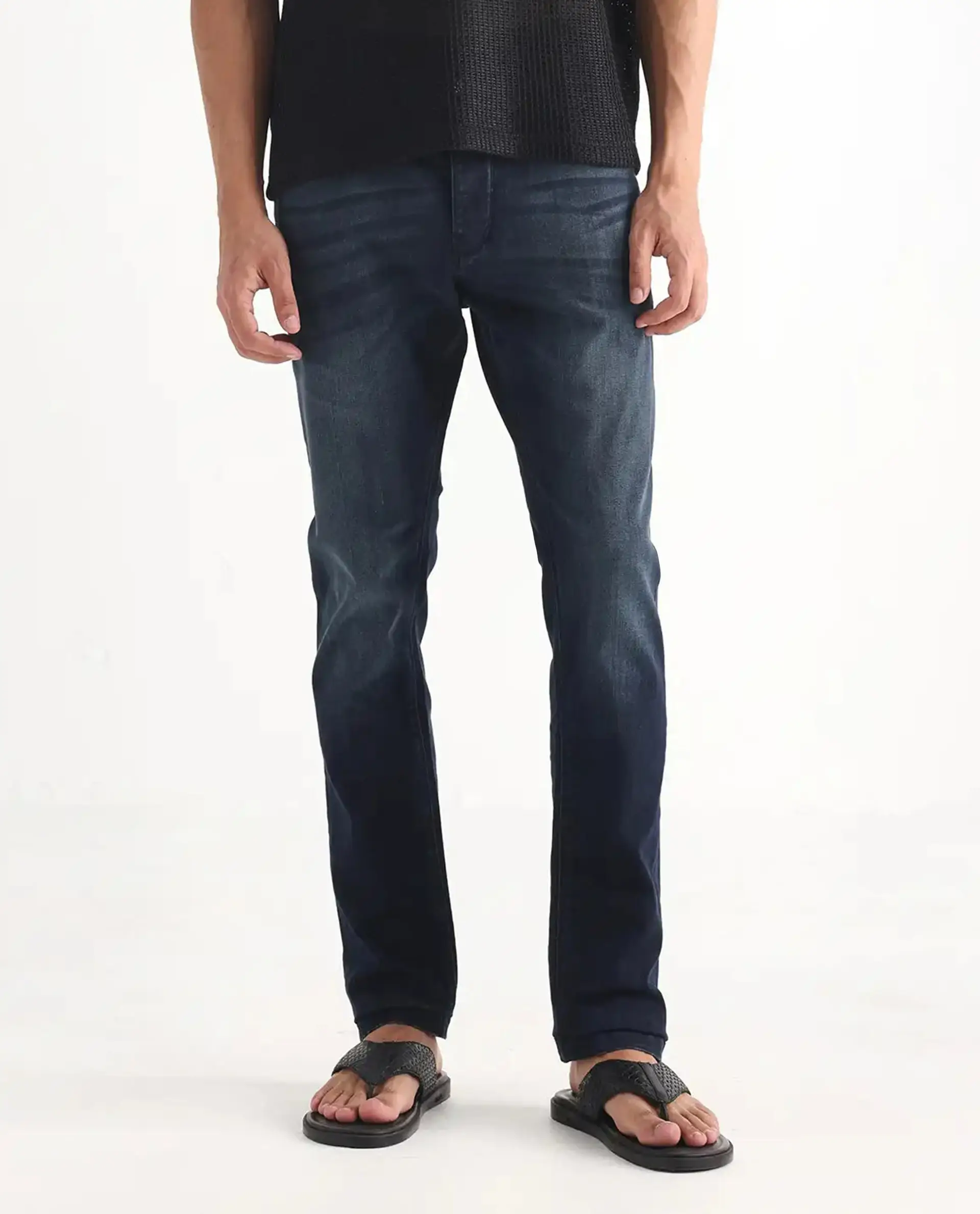 Rare Rabbit Men's Edin Blue Cotton Plain Hawk Slim Fit Jeans - Image 10