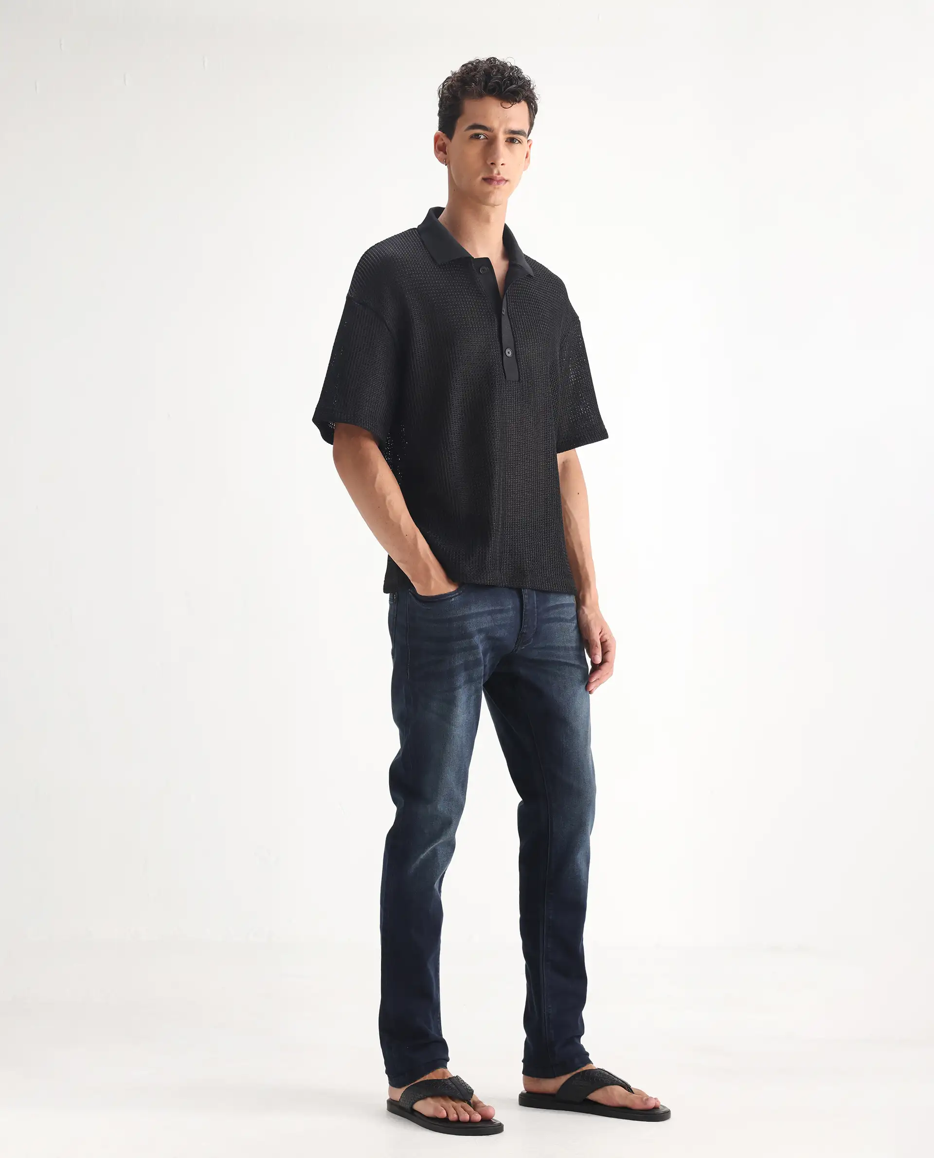 Rare Rabbit Men's Edin Blue Cotton Plain Hawk Slim Fit Jeans - Image 5