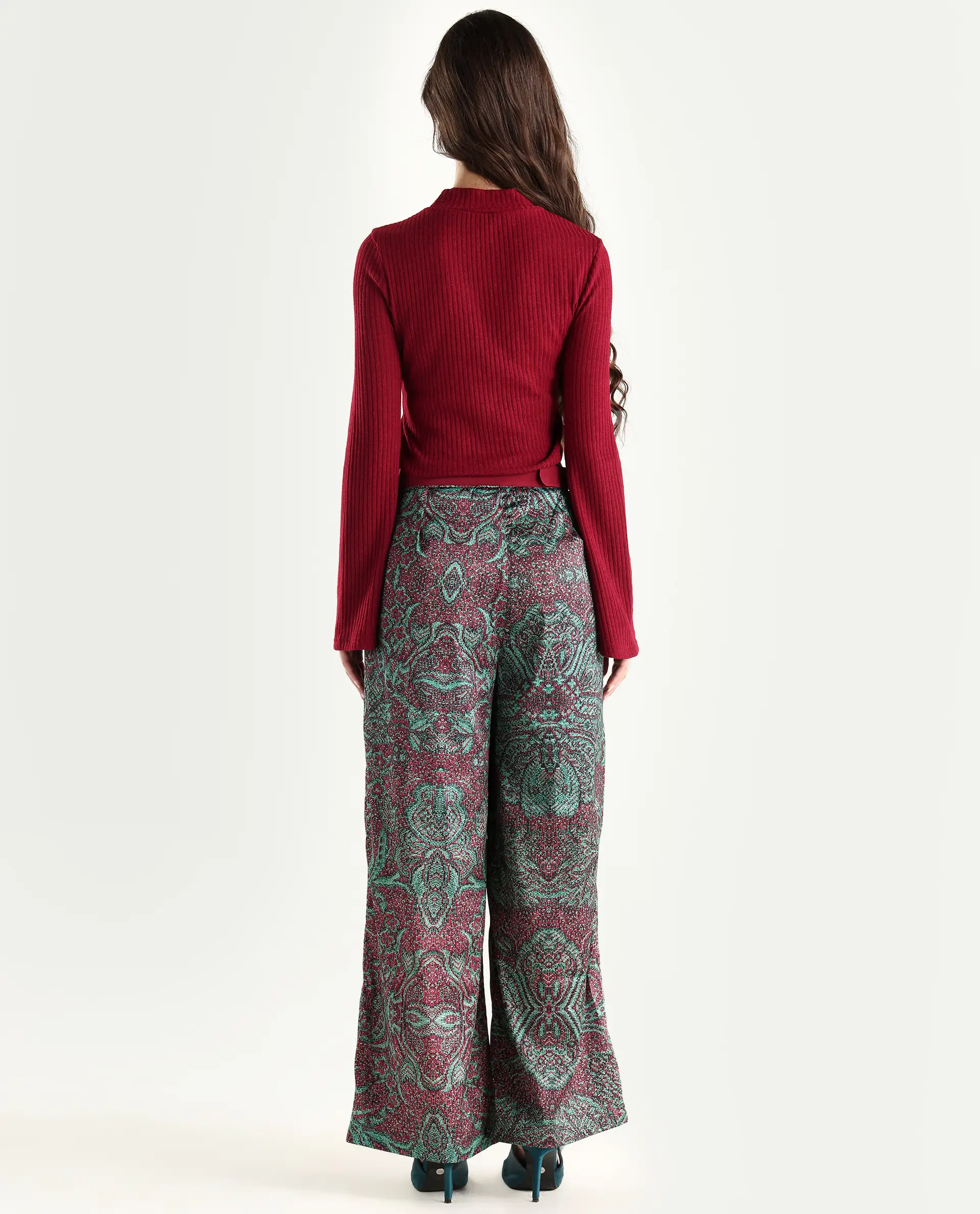 Rareism Women's Edina Multi Satin Abstract Print Ankle Length Wide Trouser - Image 7