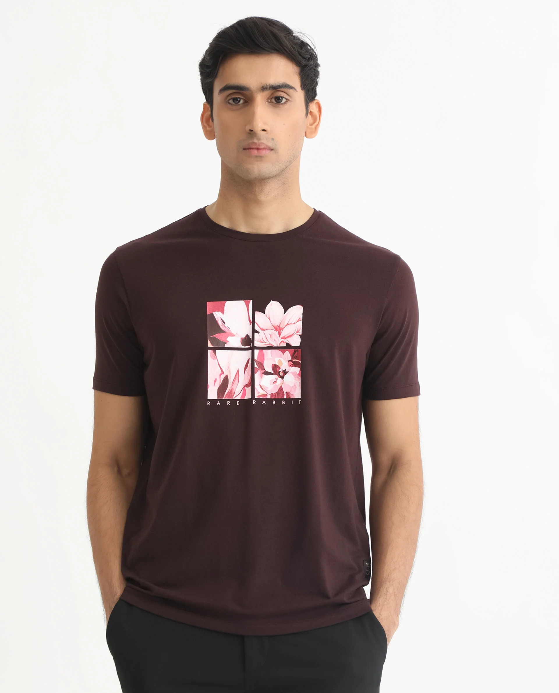 Rare Rabbit Men's Edis Maroon Cotton Graphic Print Slim Fit Half Sleeve Crew Neck T-Shirt - Image 3