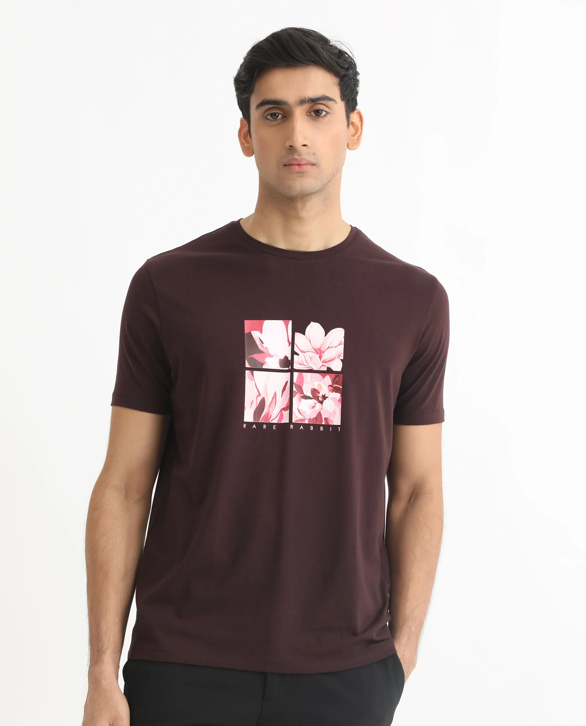Rare Rabbit Men's Edis Maroon Cotton Graphic Print Slim Fit Half Sleeve Crew Neck T-Shirt - Image 4