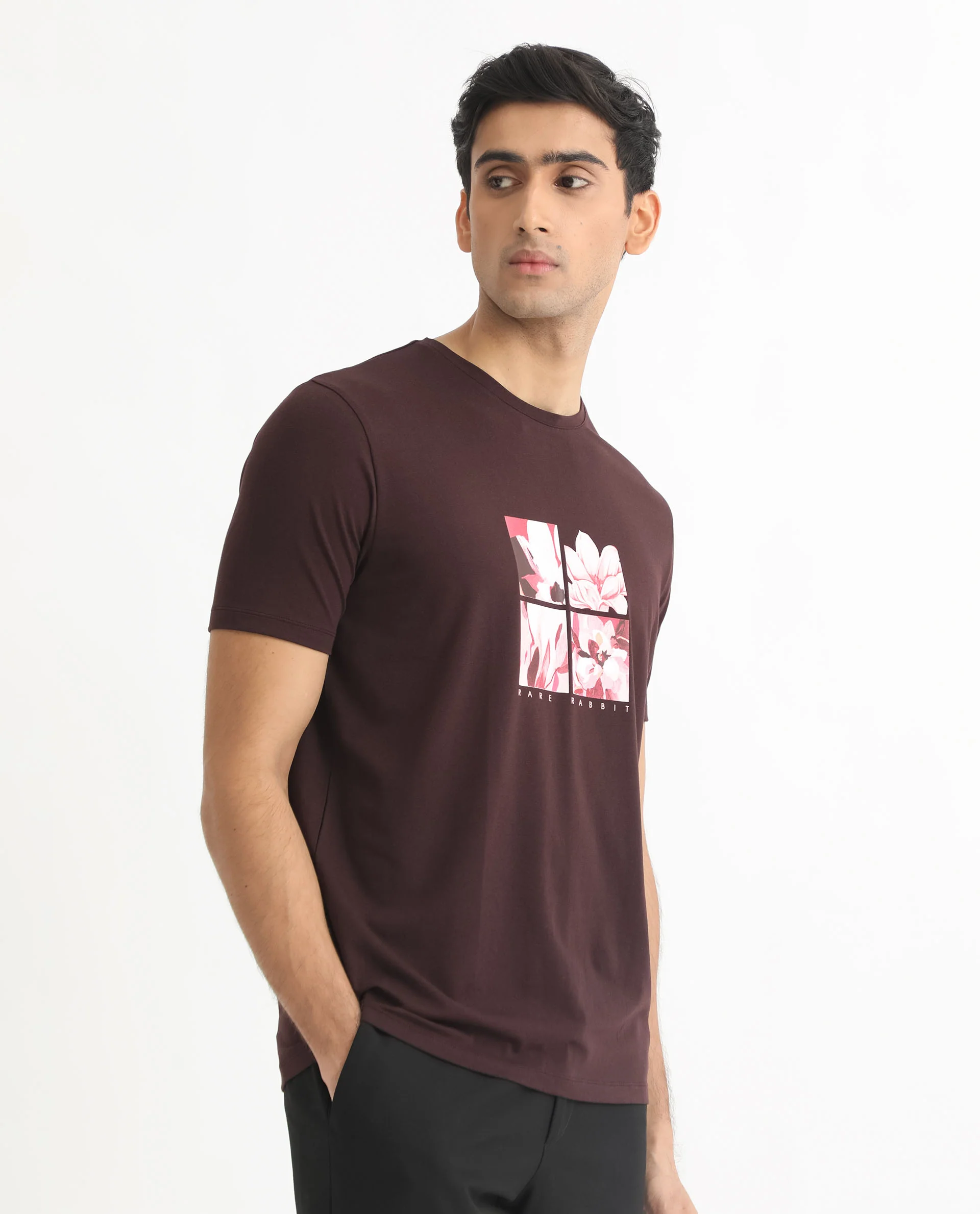 Rare Rabbit Men's Edis Maroon Cotton Graphic Print Slim Fit Half Sleeve Crew Neck T-Shirt - Image 6