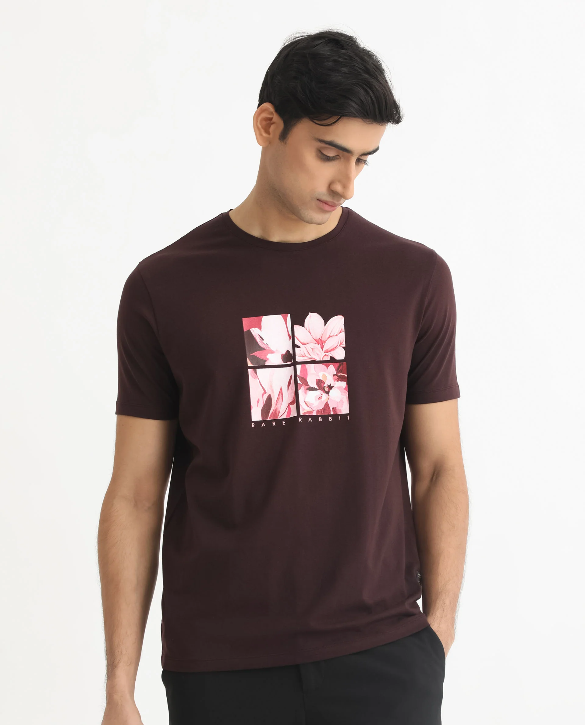 Rare Rabbit Men's Edis Maroon Cotton Graphic Print Slim Fit Half Sleeve Crew Neck T-Shirt - Image 7