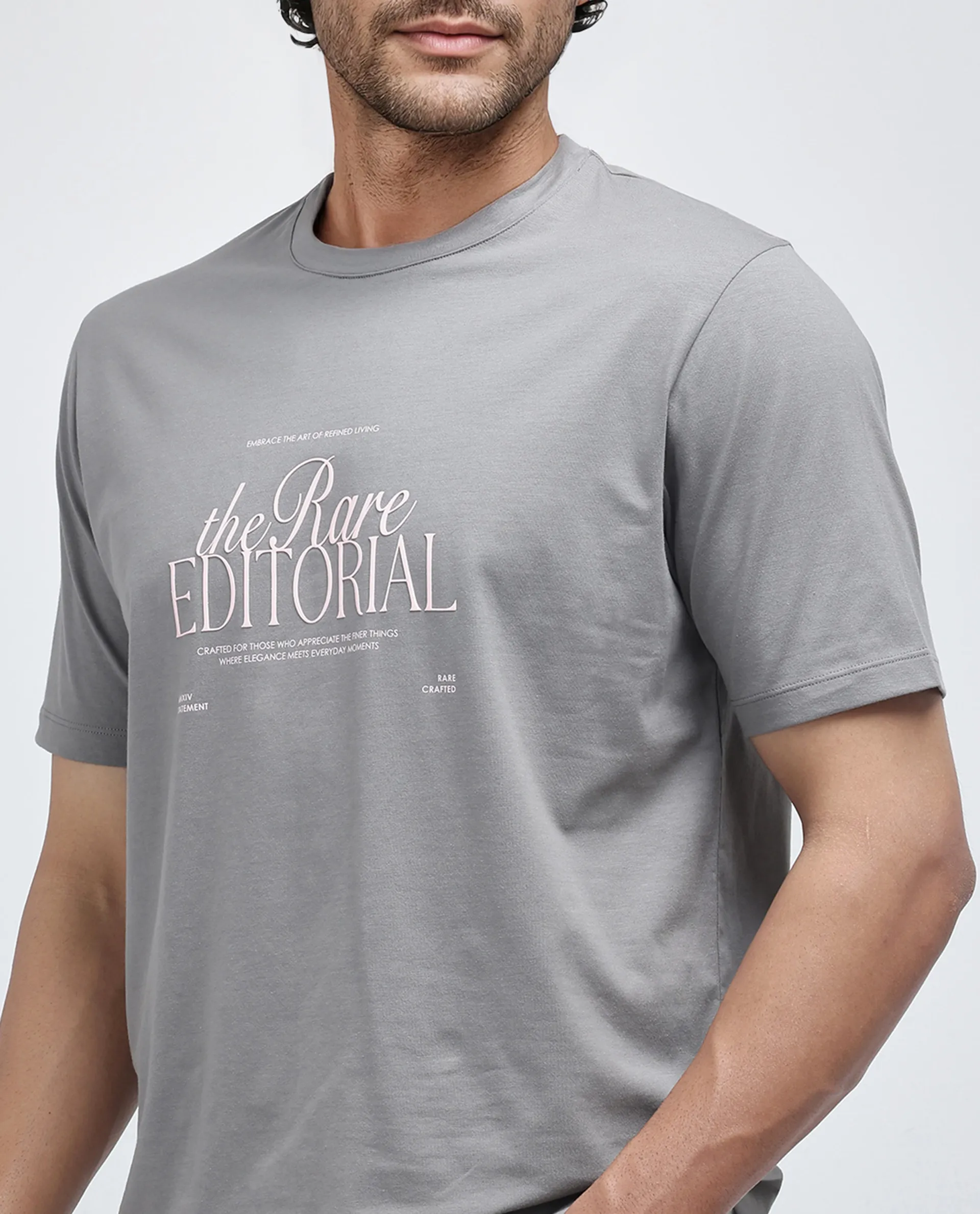 Rare Rabbit Men's Edit Dusky Grey Cotton Blend Graphic Print Regular Fit Half Sleeve Crew Neck T-Shirt - Image 3