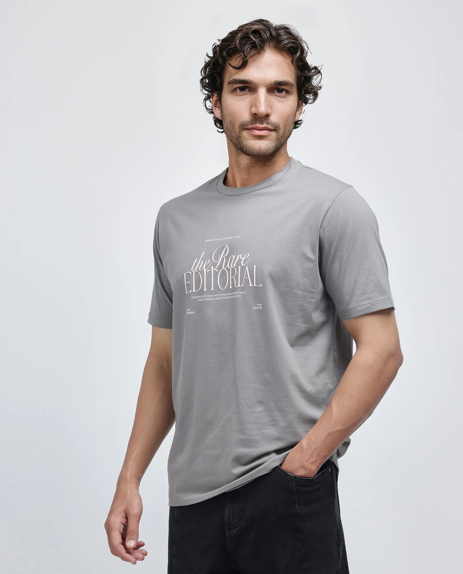 Rare Rabbit Men's Edit Dusky Grey Cotton Blend Graphic Print Regular Fit Half Sleeve Crew Neck T-Shirt - Image 5