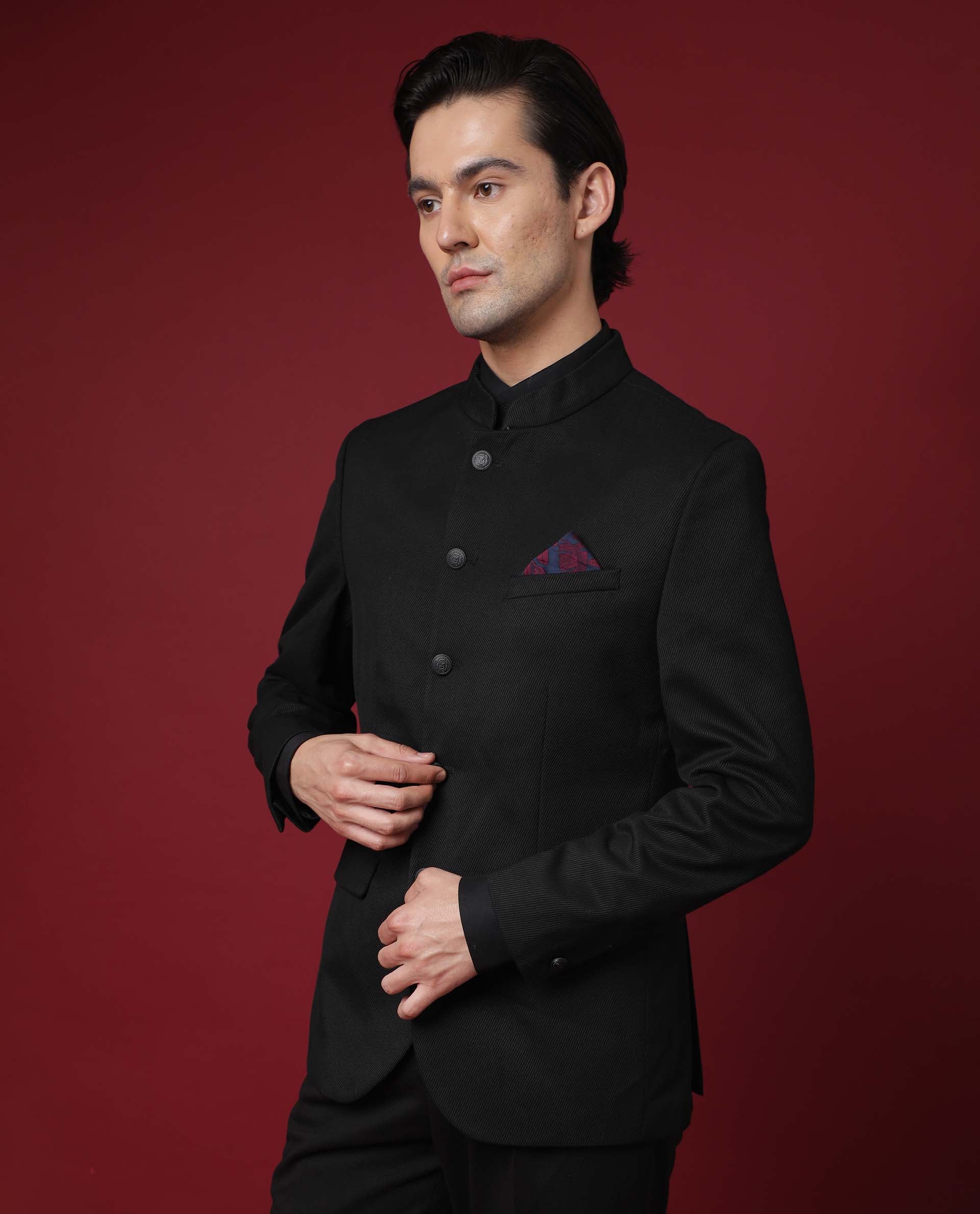 Rare Rabbit Men's Edit Band Black Polyester Plain Tailored Fit Full Sleeve Mandarin Collar Bandhgala Jodhpuri - Image 2