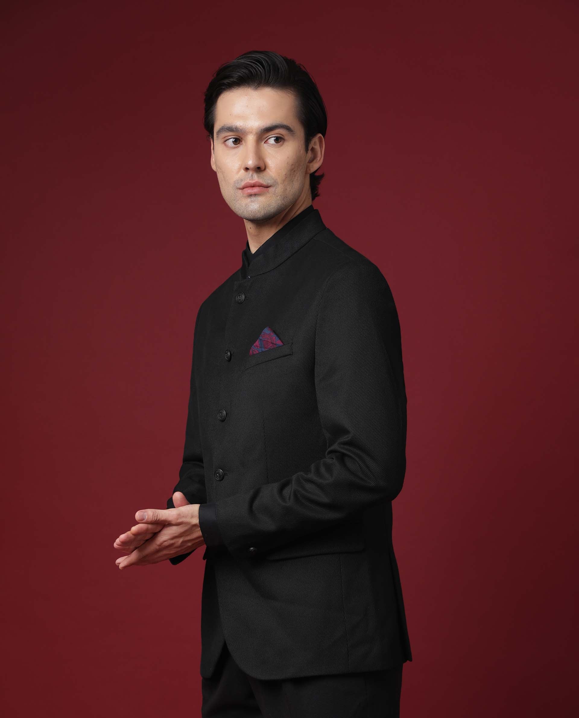 Rare Rabbit Men's Edit Band Black Polyester Plain Tailored Fit Full Sleeve Mandarin Collar Bandhgala Jodhpuri - Image 5