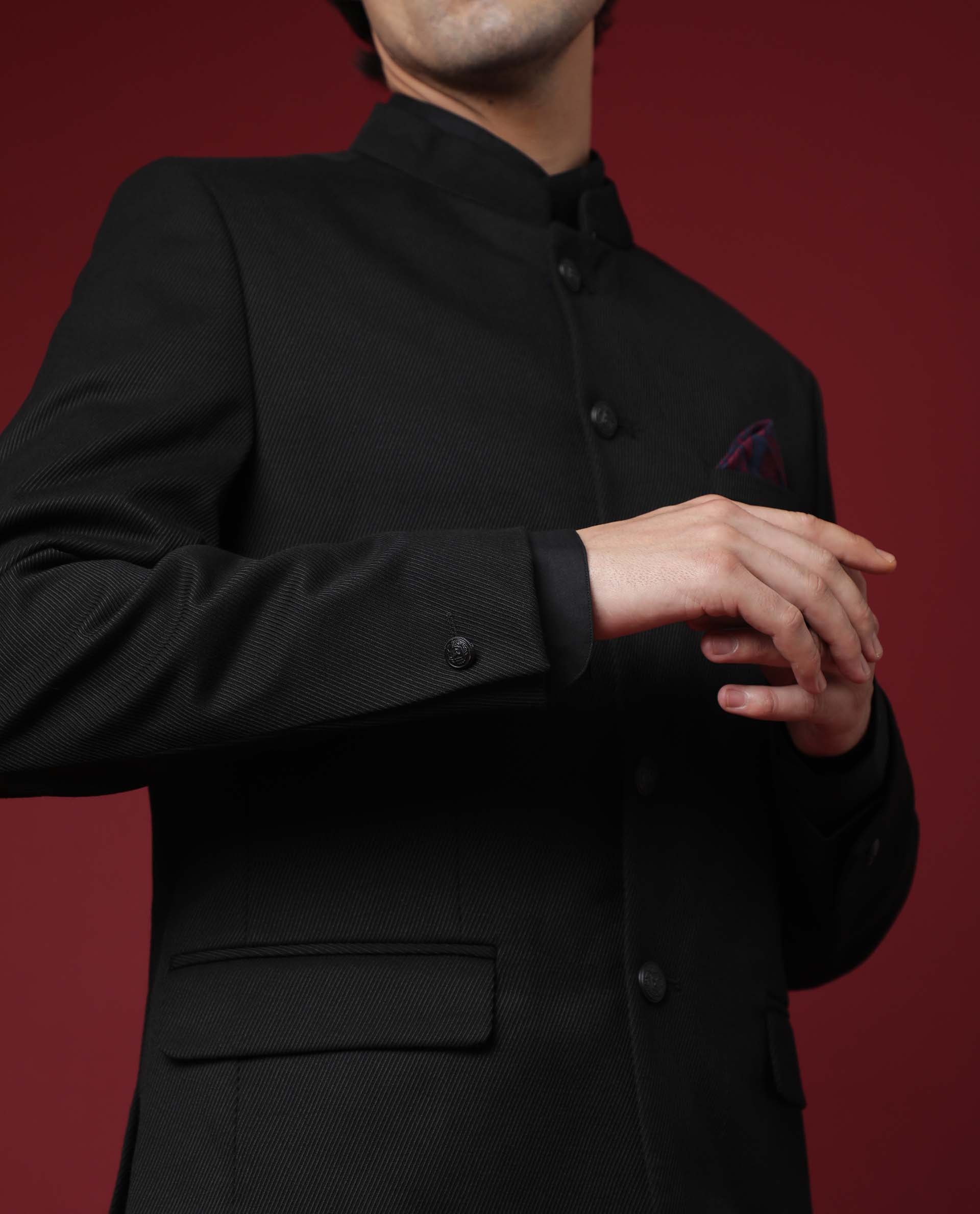 Rare Rabbit Men's Edit Band Black Polyester Plain Tailored Fit Full Sleeve Mandarin Collar Bandhgala Jodhpuri - Image 7