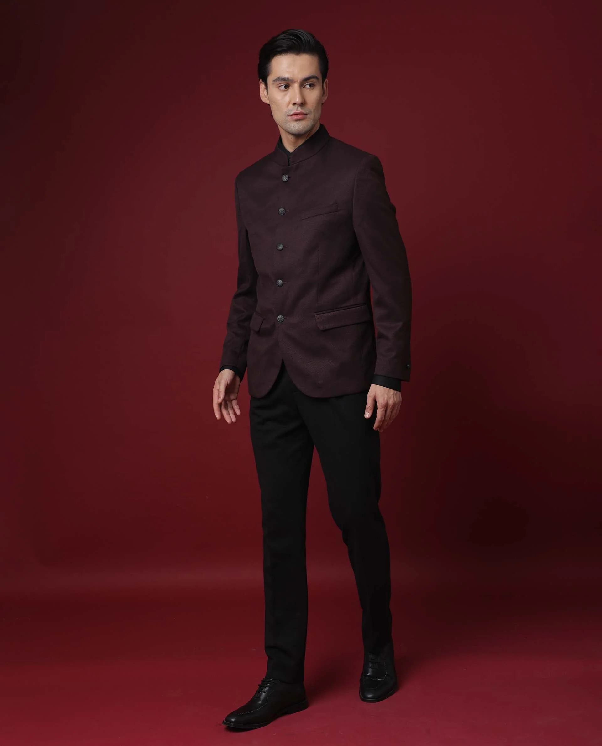 Rare Rabbit Men's Edit Band Maroon Polyester Plain Tailored Fit Full Sleeve Mandarin Collar Bandhgala Jodhpuri - Image 2